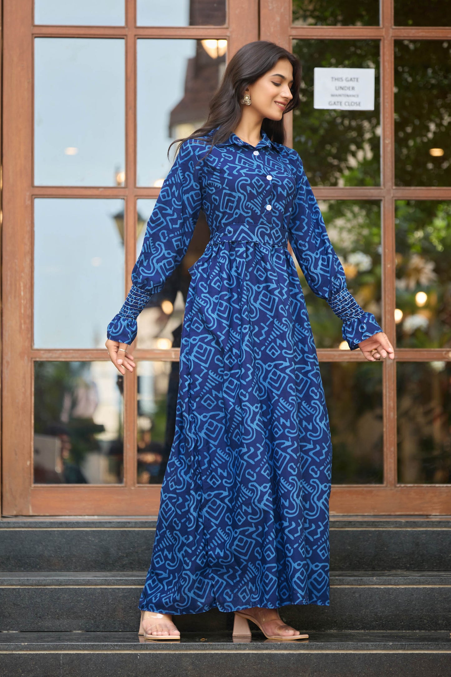 Women’s Blue Abstract Printed Maxi Dress with Full Sleeves