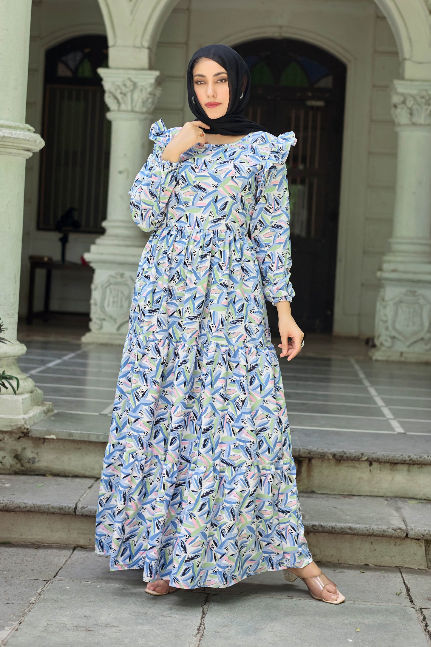Elegant Geometric Printed Long Maxi Dress for Women | Full Sleeve Party & Casual Wear