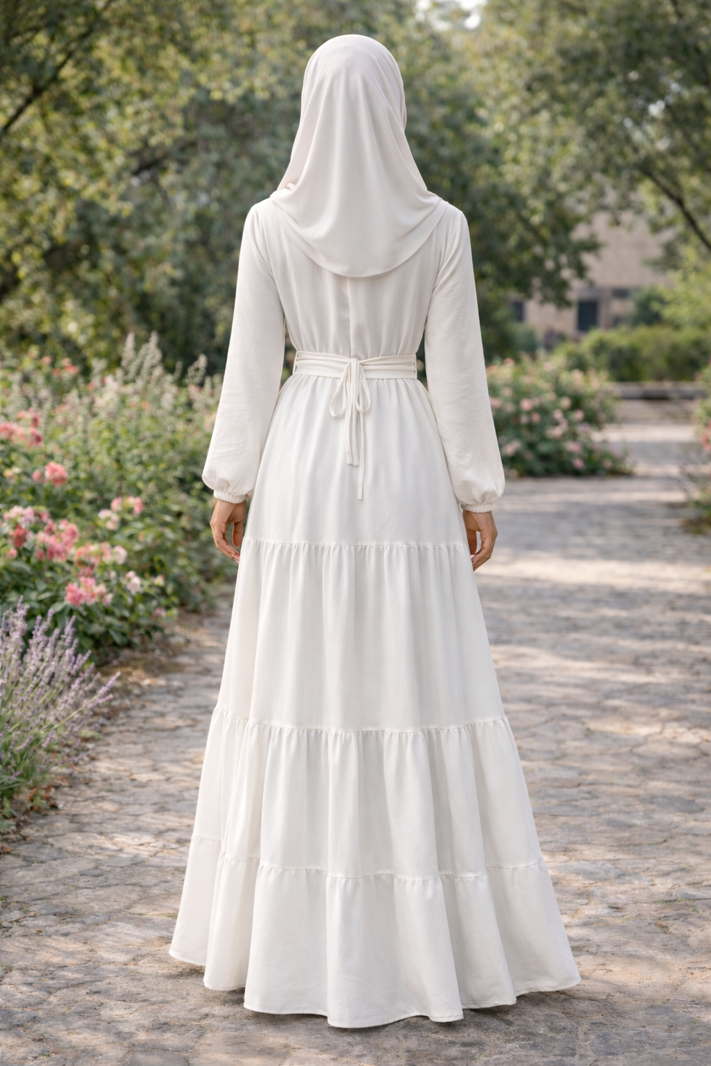 SARINKU WHITE&PINK CY crush fabric, with crepe lining for no transparency Umbrella Pattern Bishop Sleeves with Elastic Cuffs Puff Sleeve Pattern Without Belt Without Dupatta