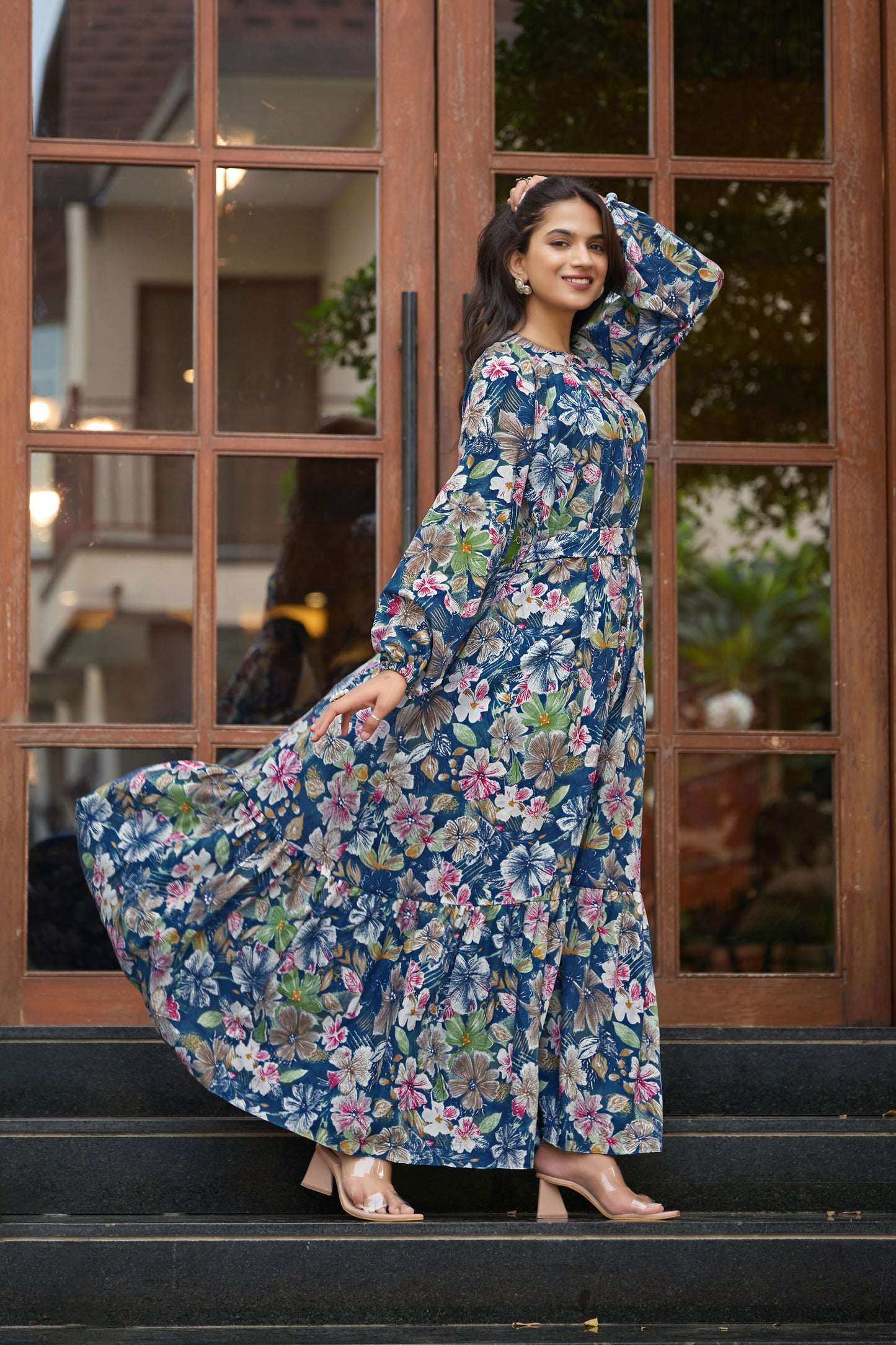 Women’s Floral Printed Maxi Dress | Long Sleeve Button Down Gown with Belt | Stylish Casual & Party Wear