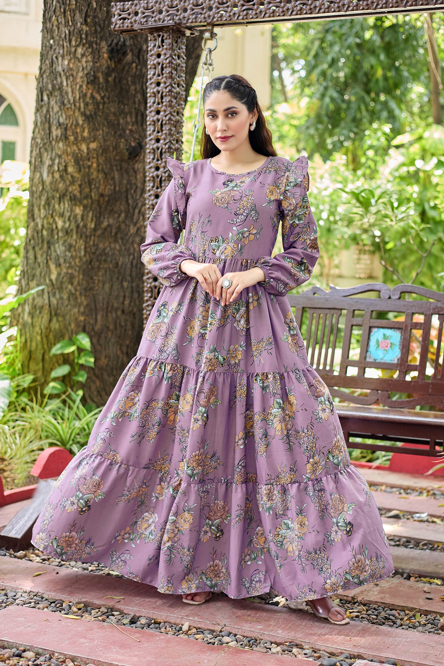 Stylish Purple Floral Print Maxi Dress for Women | Full Sleeve Long Gown