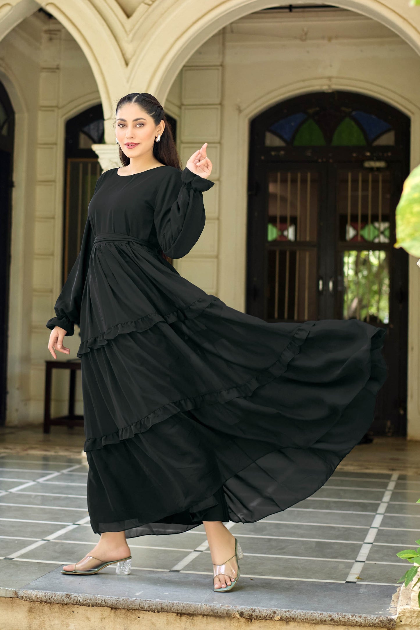 "Elegant Black Solid Abaya Dress for Women – Full Sleeve Modest Long Ethnic Wear with Ruffle Detail"