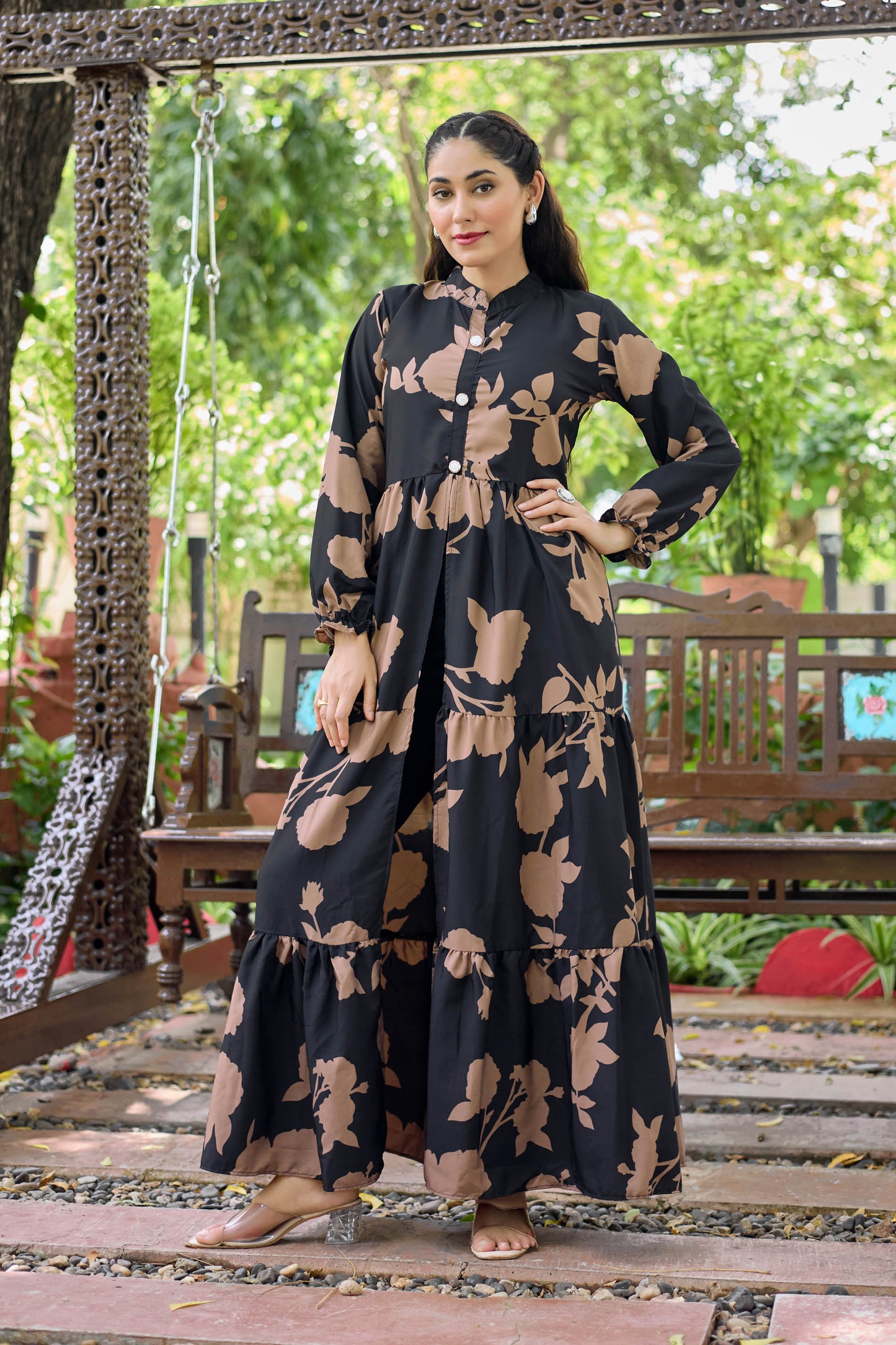Black Floral Printed Long Maxi Dress for Women – Full Sleeve Stylish Ethnic Wear with Button Detail