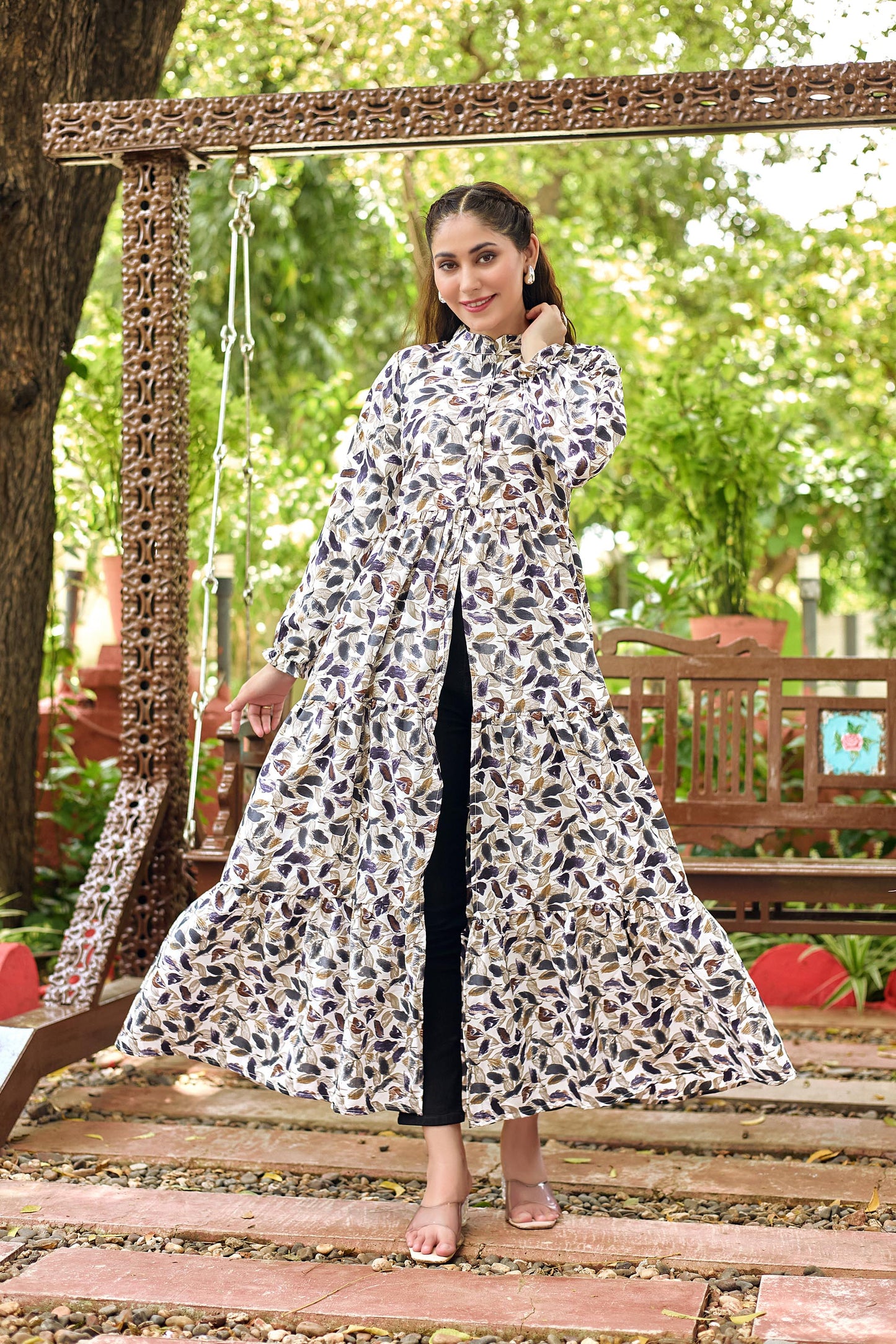 White Multicolor Leaf Printed Long Maxi Dress for Women – Full Sleeve Stylish Ethnic Wear with Button Detail
