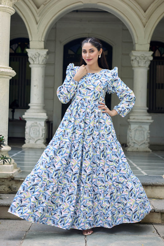 Elegant Geometric Printed Long Maxi Dress for Women | Full Sleeve Party & Casual Wear