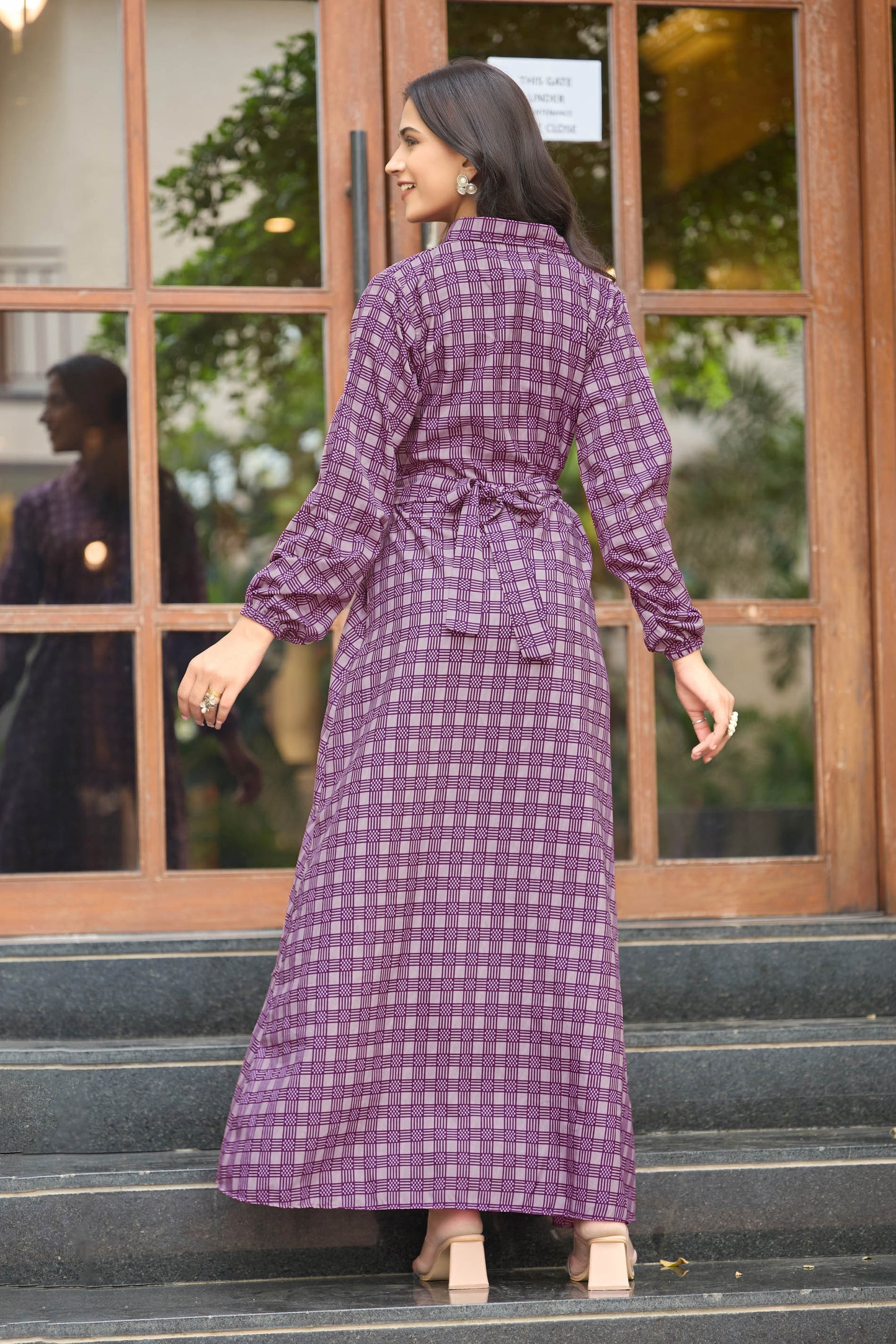 Women’s Elegant Purple Checkered Maxi Dress with Full Sleeves