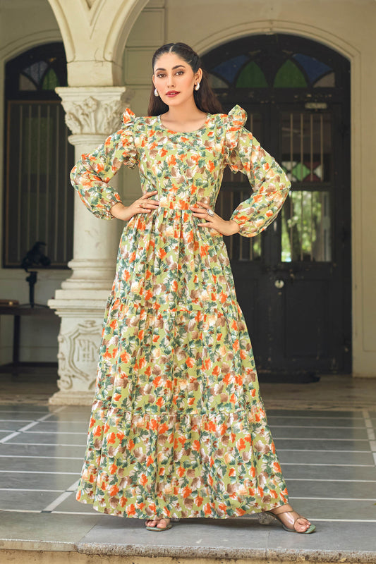 Designer Floral Printed Maxi Dress | Modest Fashion Long Sleeve Gown for Women