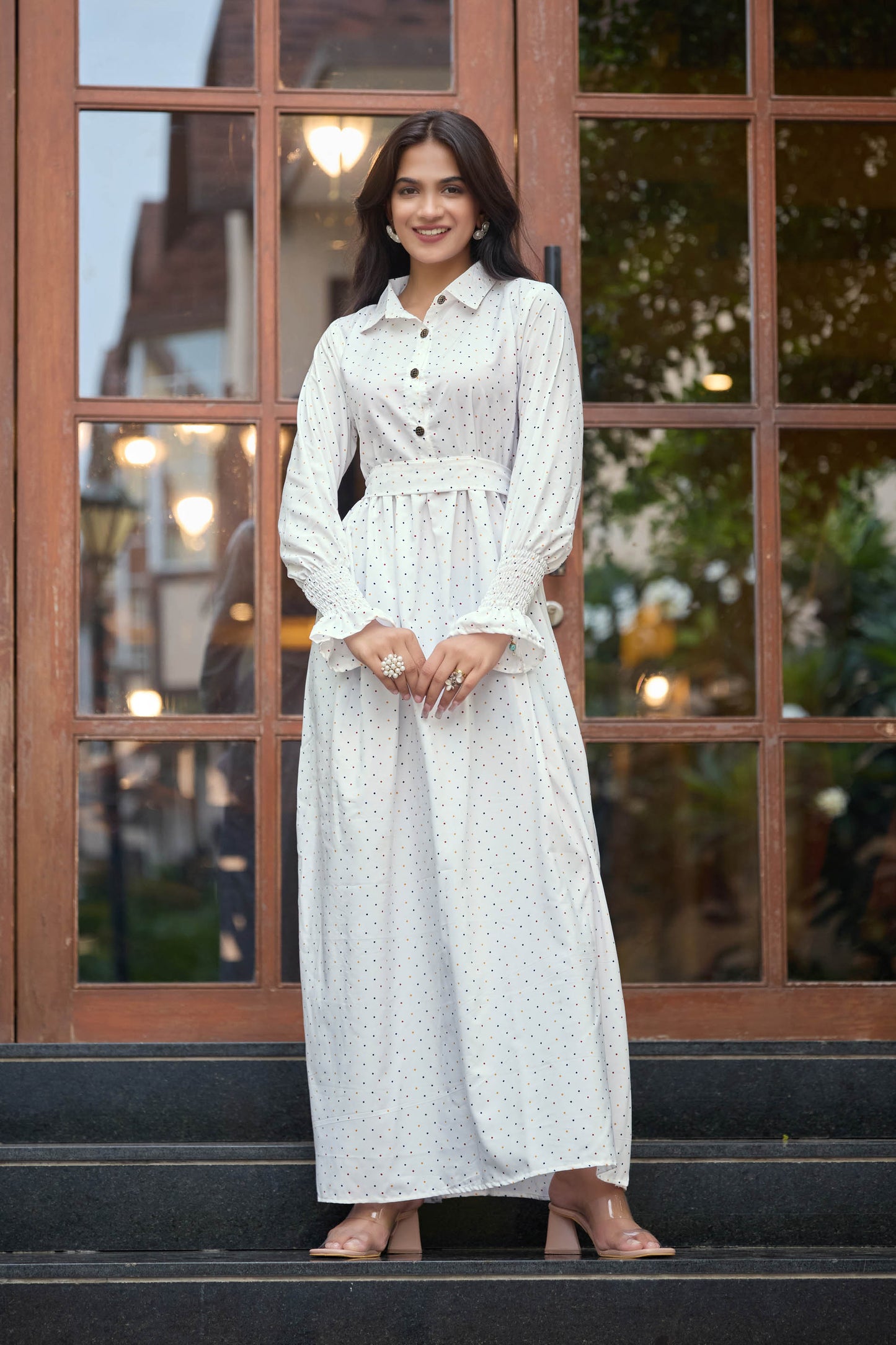 White Polka Dot Long Maxi Dress for Women – Full Sleeve Modest Ethnic Wear with Belted Waist & Button Detail