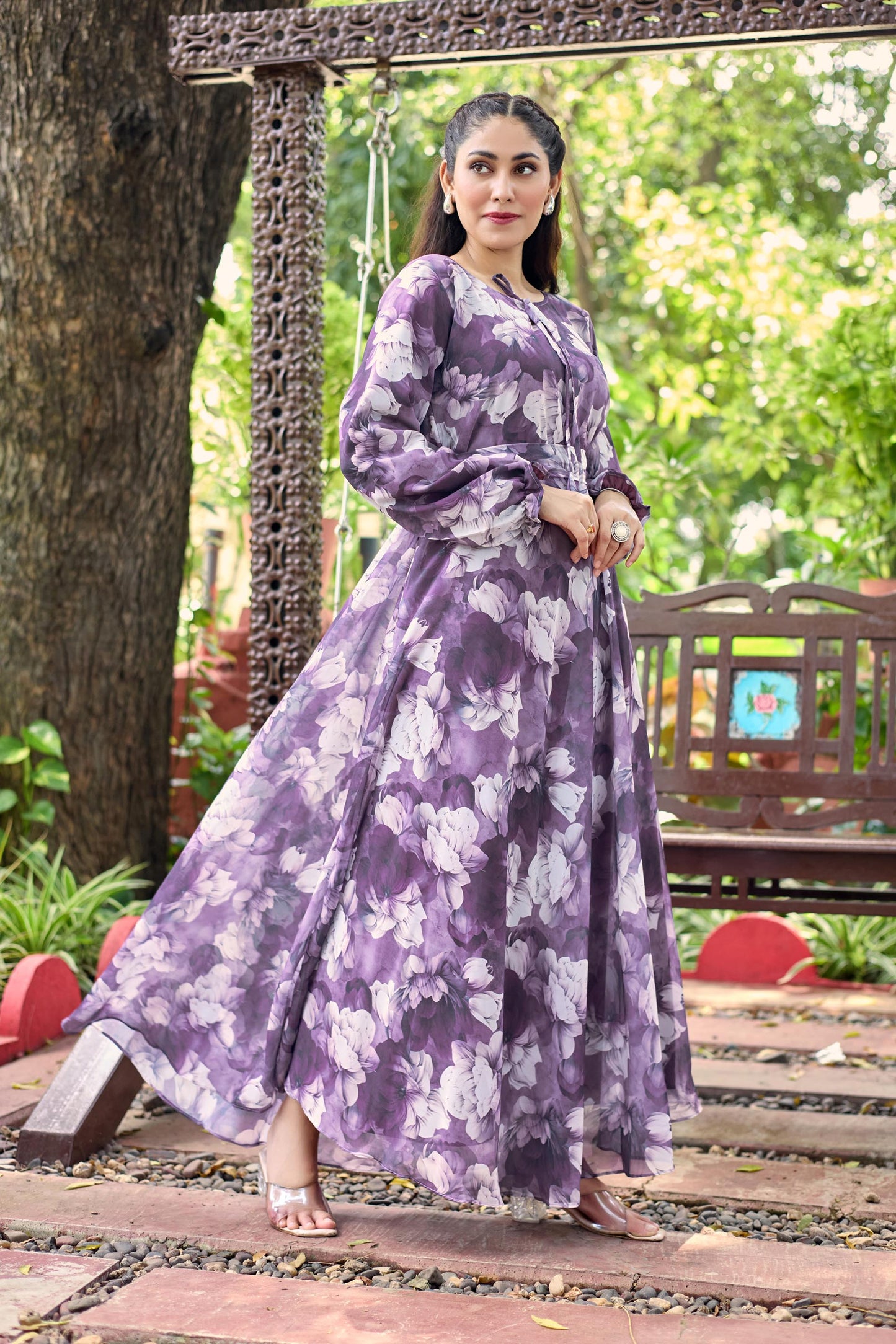 Flowy Purple Floral Print Crepe Maxi Dress – Modest & Stylish