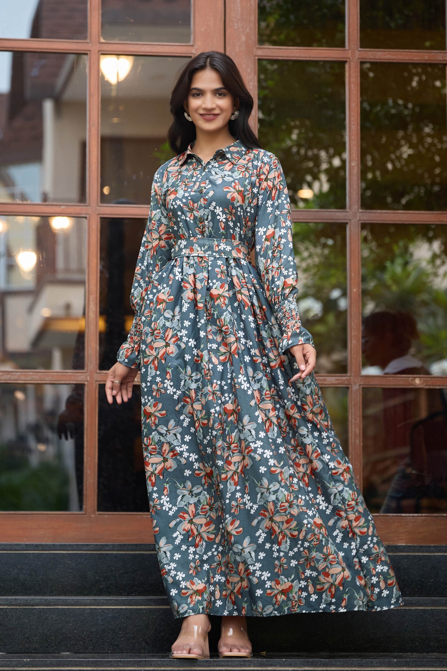 Elegant Crepe Maxi Dress in Floral Print – Smocked Cuffs | Modest Style