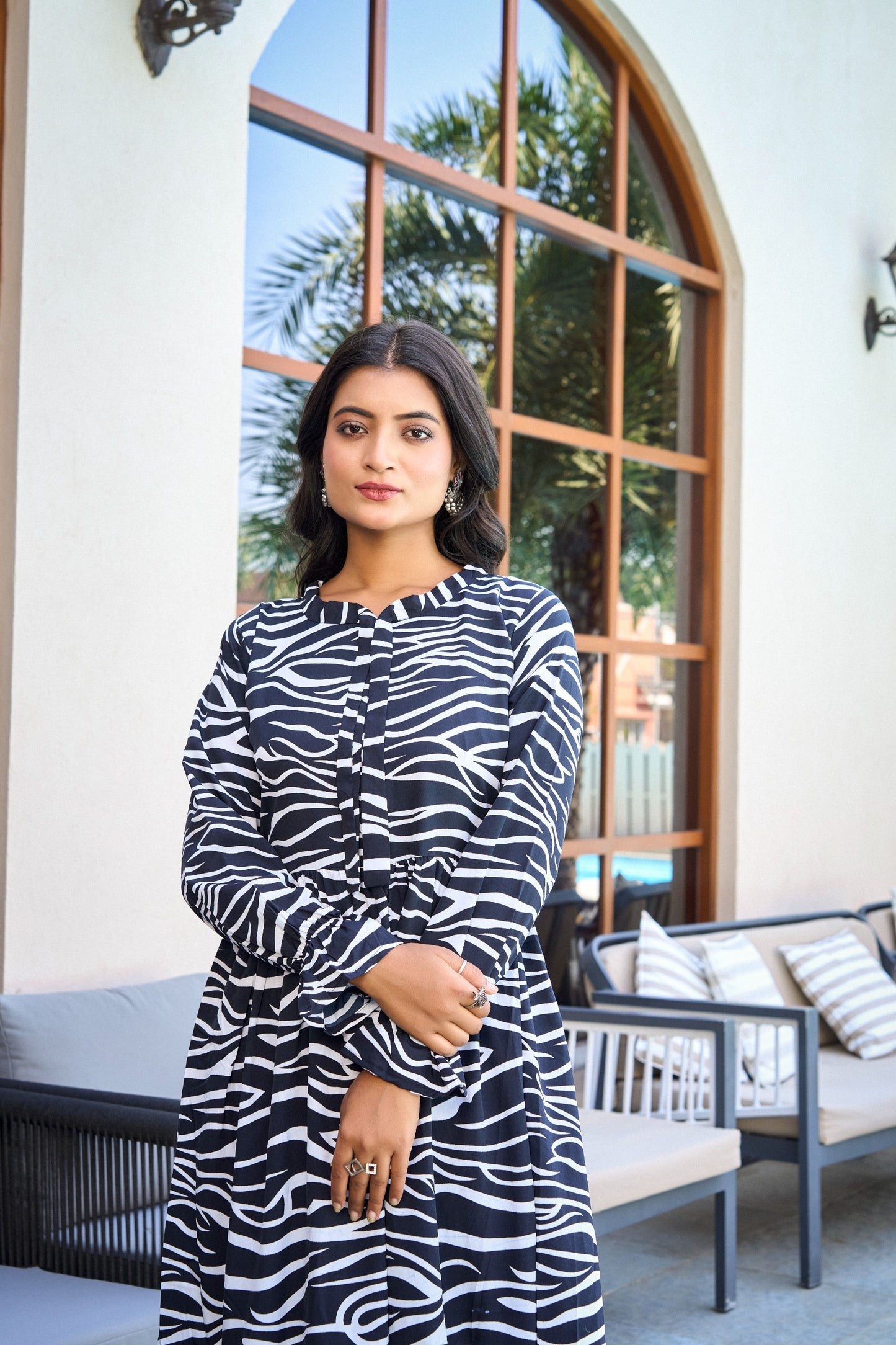 Women's Black & White Zebra Print Crepe Maxi Dress with Belted Waist, Long Sleeves
