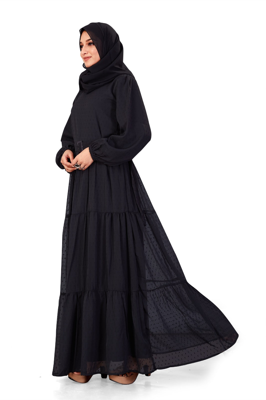 Women's Black Full-Length Maxi Dress with Belt & Puff Sleeves