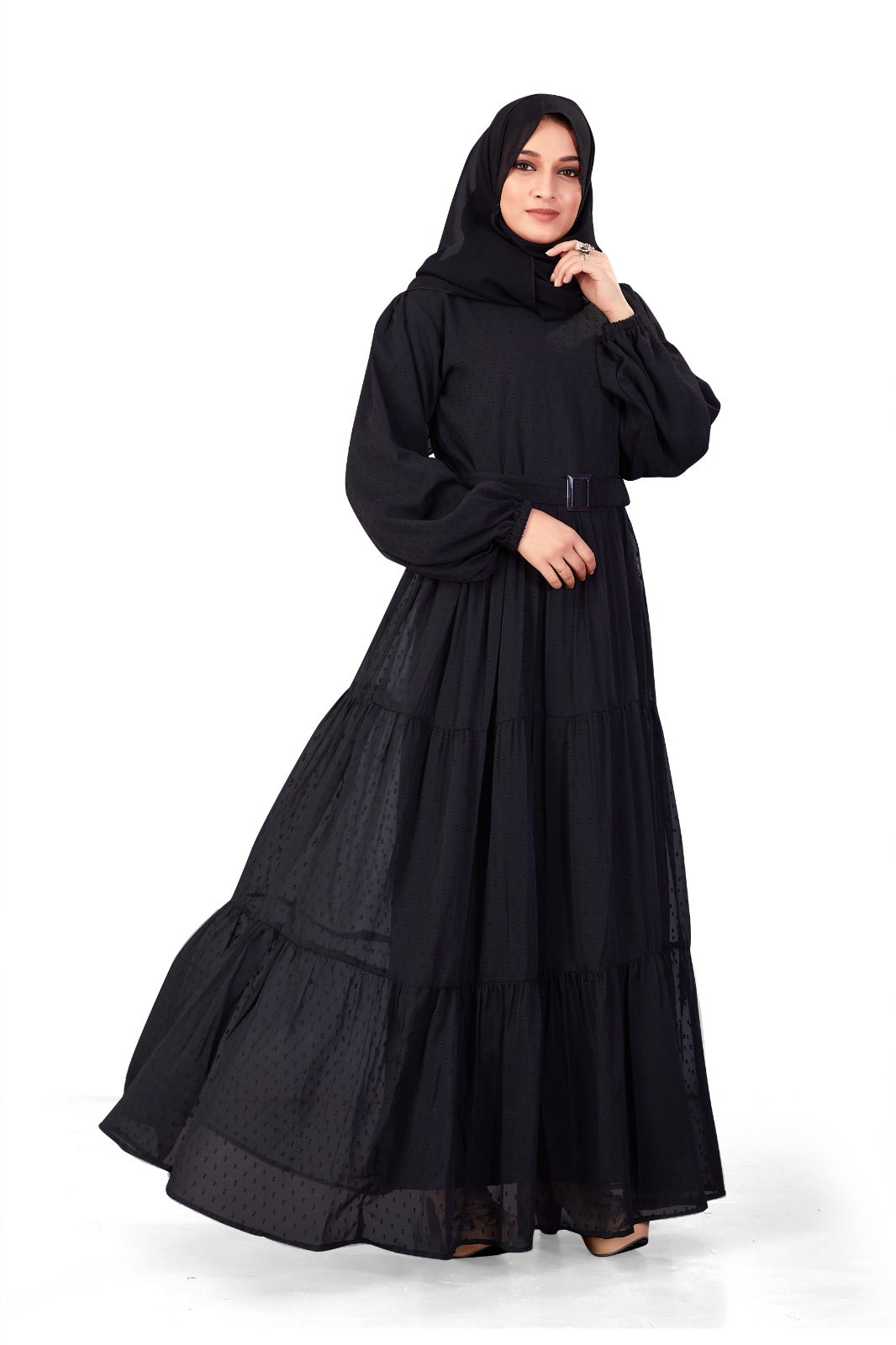 Women's Black Full-Length Maxi Dress with Belt & Puff Sleeves
