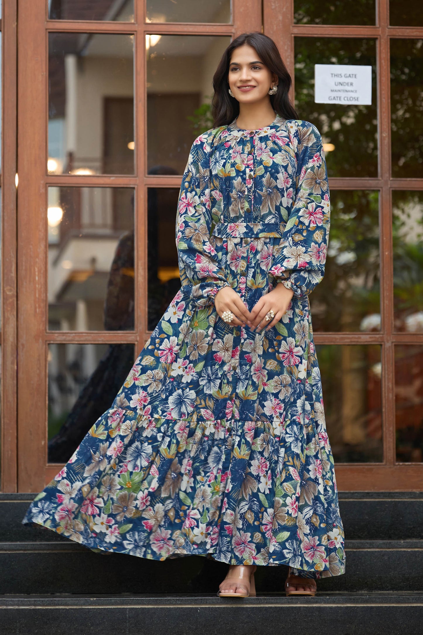 Women’s Floral Printed Maxi Dress | Long Sleeve Button Down Gown with Belt | Stylish Casual & Party Wear