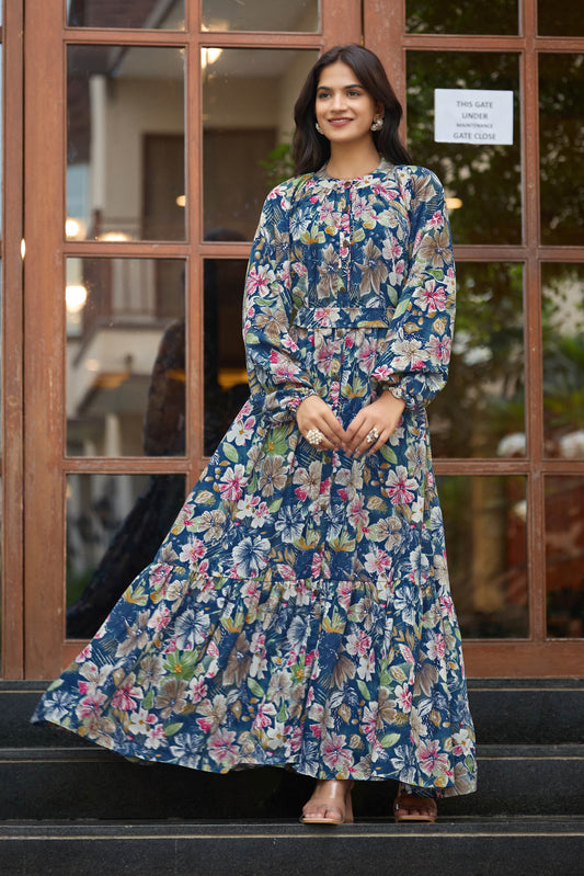 Women’s Floral Printed Maxi Dress | Long Sleeve Button Down Gown with Belt | Stylish Casual & Party Wear