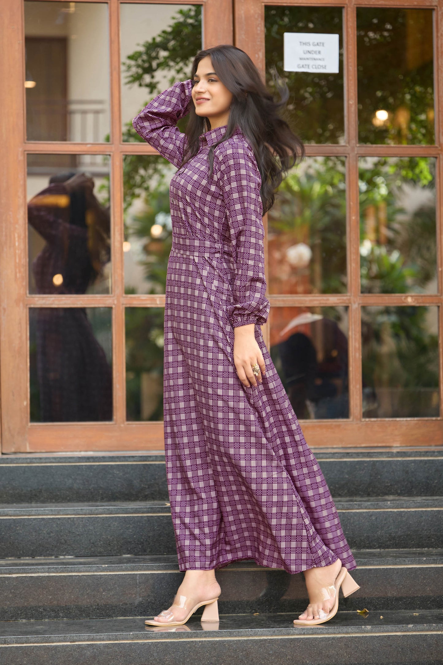 Women’s Elegant Purple Checkered Maxi Dress with Full Sleeves