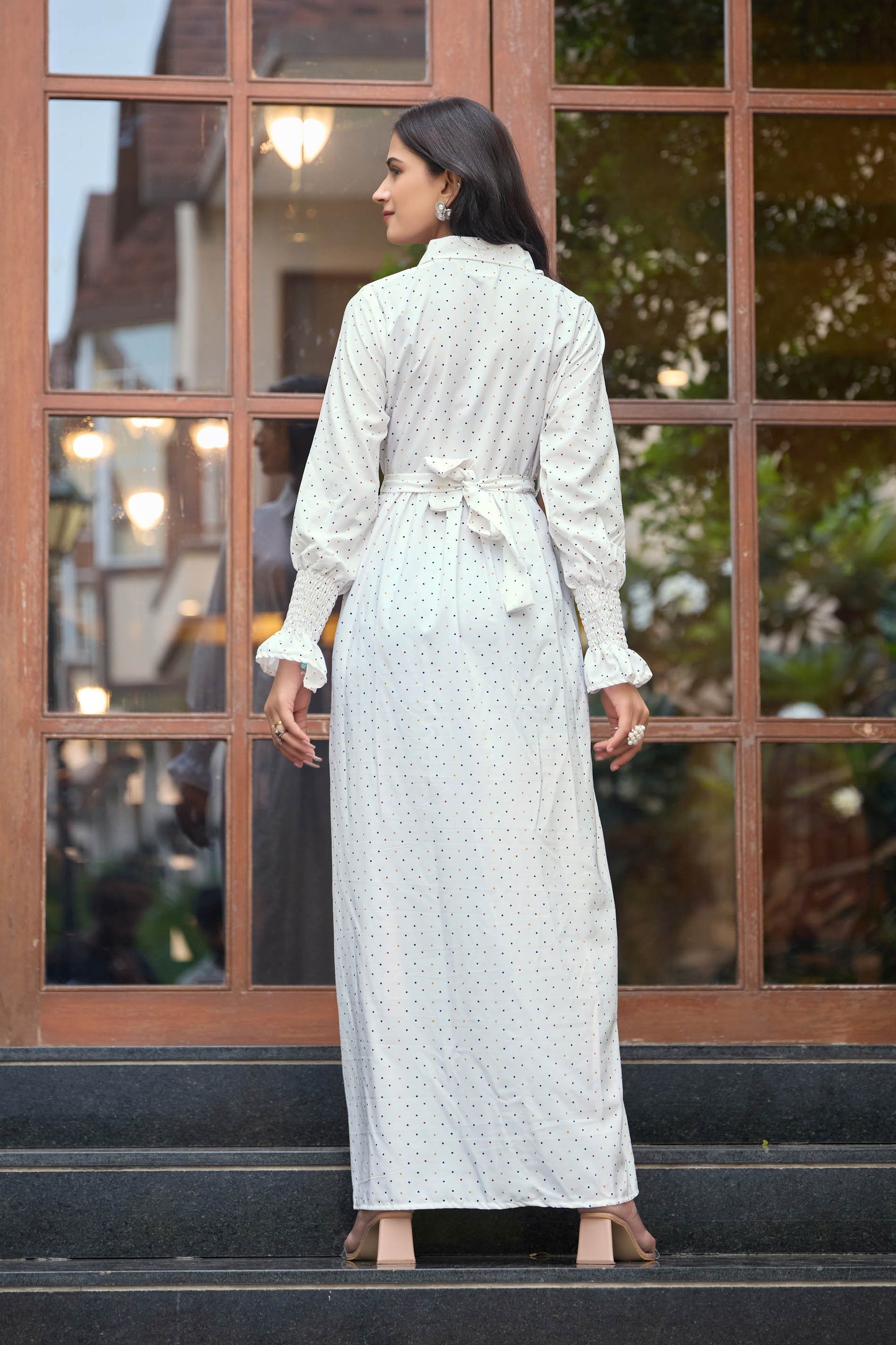 White Polka Dot Long Maxi Dress for Women – Full Sleeve Modest Ethnic Wear with Belted Waist & Button Detail