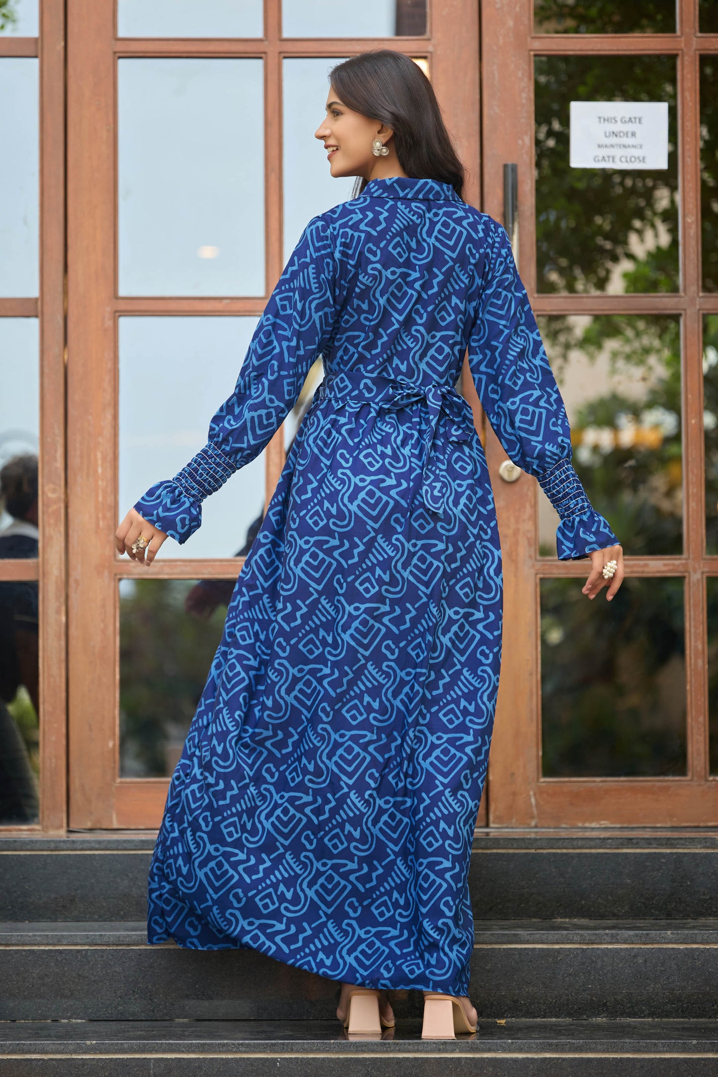Women’s Blue Abstract Printed Maxi Dress with Full Sleeves