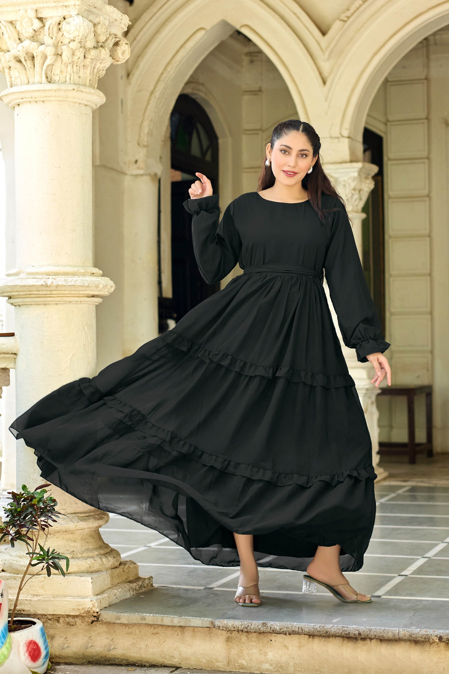 "Elegant Black Solid Abaya Dress for Women – Full Sleeve Modest Long Ethnic Wear with Ruffle Detail"