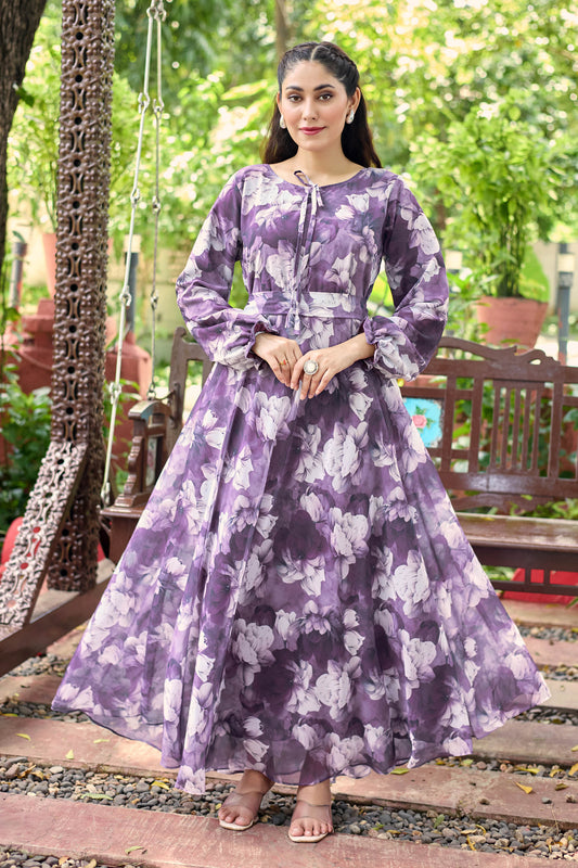 Flowy Purple Floral Print Crepe Maxi Dress – Modest & Stylish