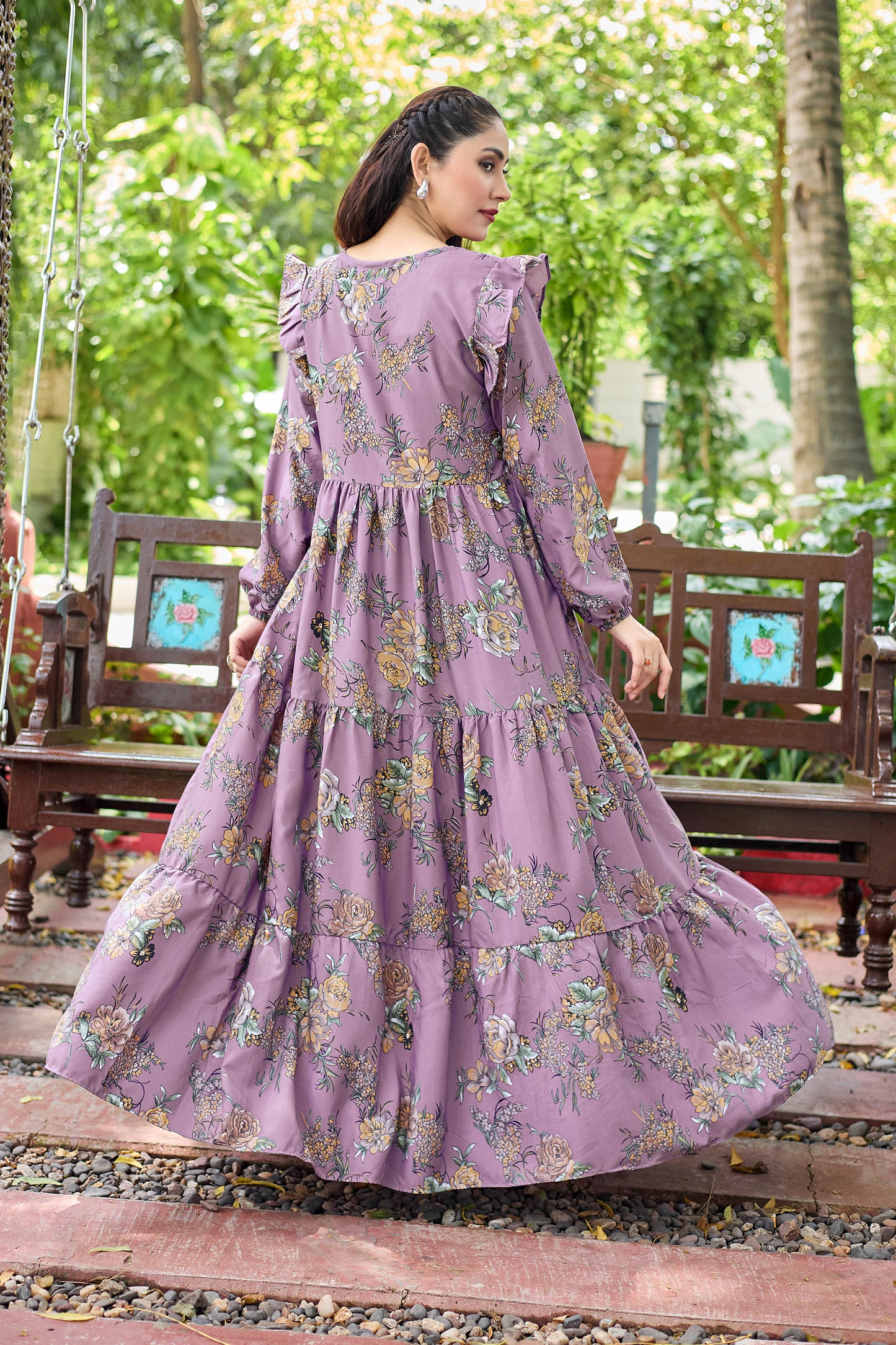 Stylish Purple Floral Print Maxi Dress for Women | Full Sleeve Long Gown