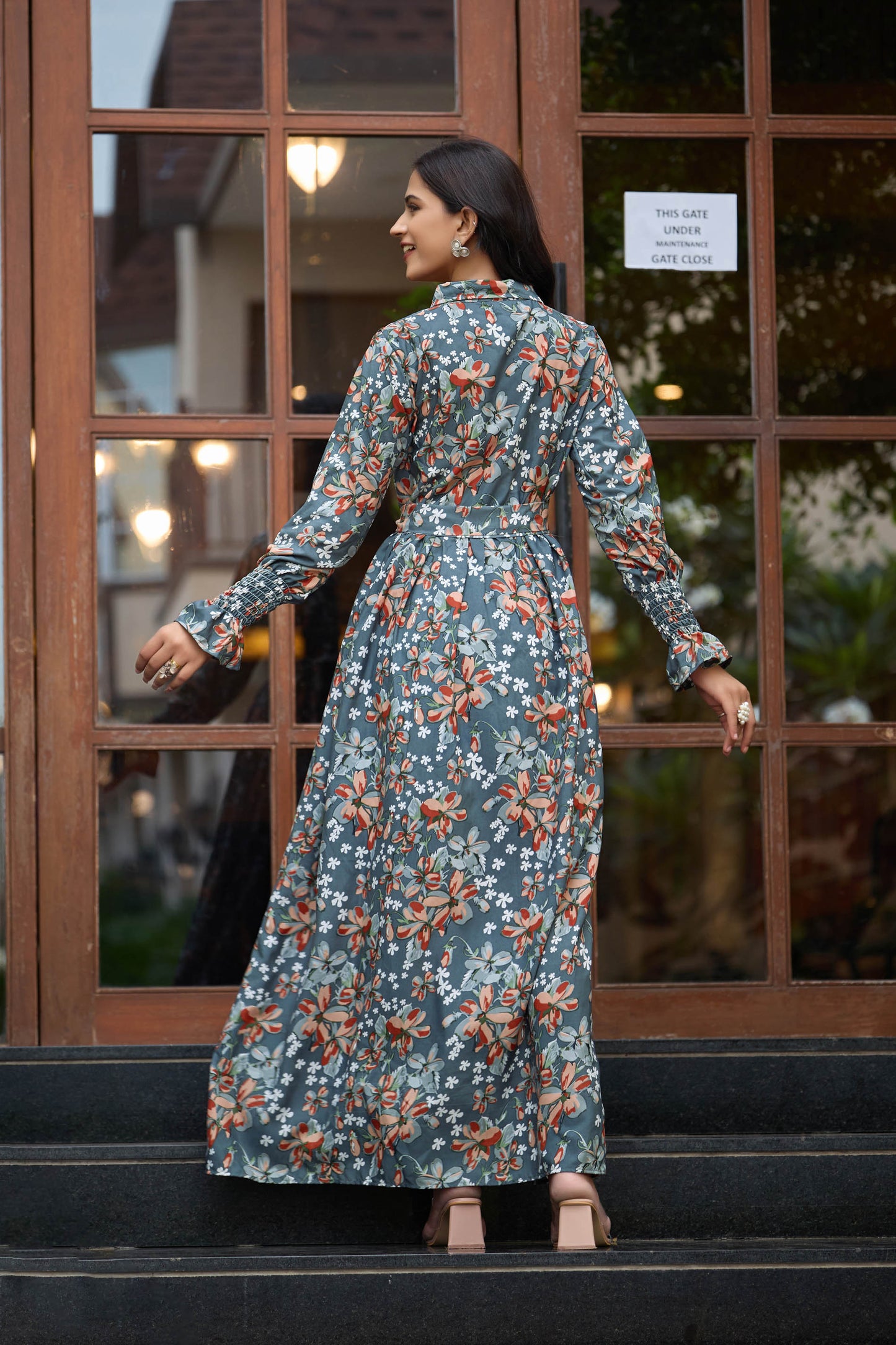 Elegant Crepe Maxi Dress in Floral Print – Smocked Cuffs | Modest Style