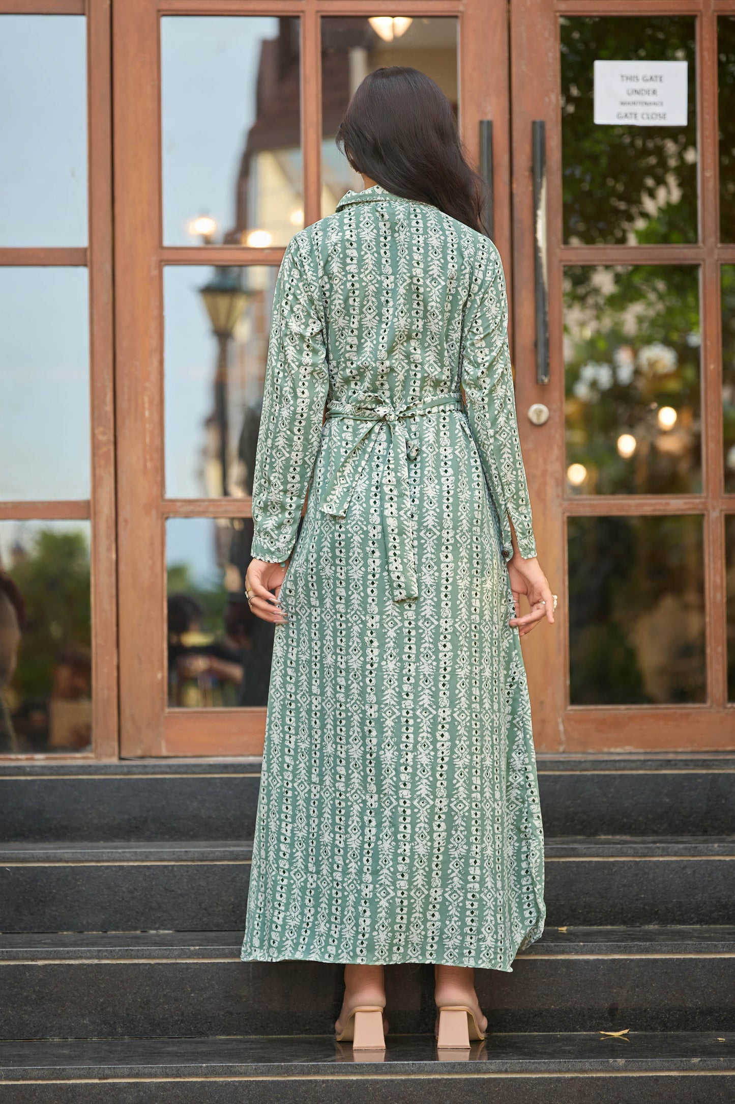Elegant Green Printed Maxi Dress with Belt – Full Sleeve | Modest & Stylish