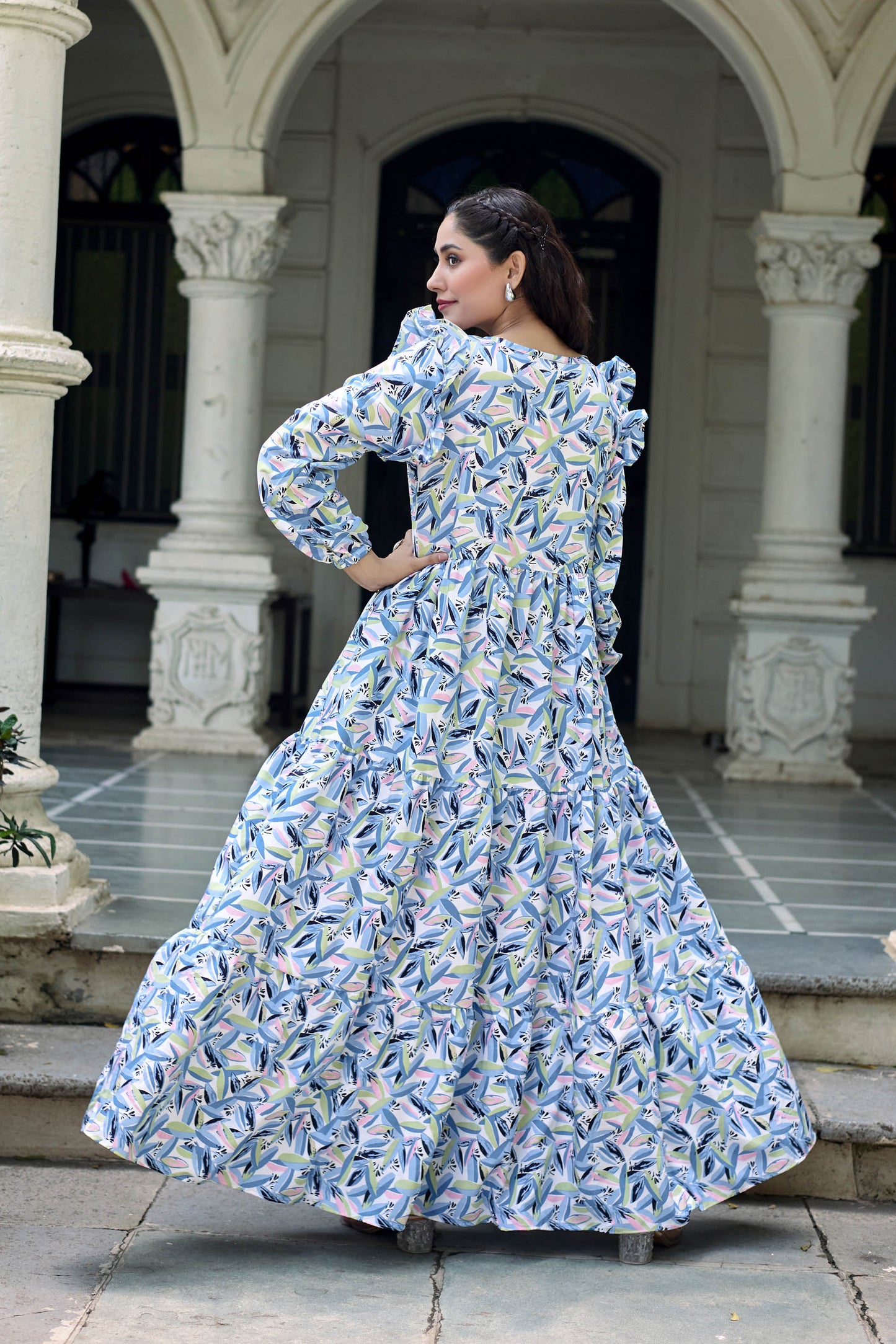 Elegant Geometric Printed Long Maxi Dress for Women | Full Sleeve Party & Casual Wear
