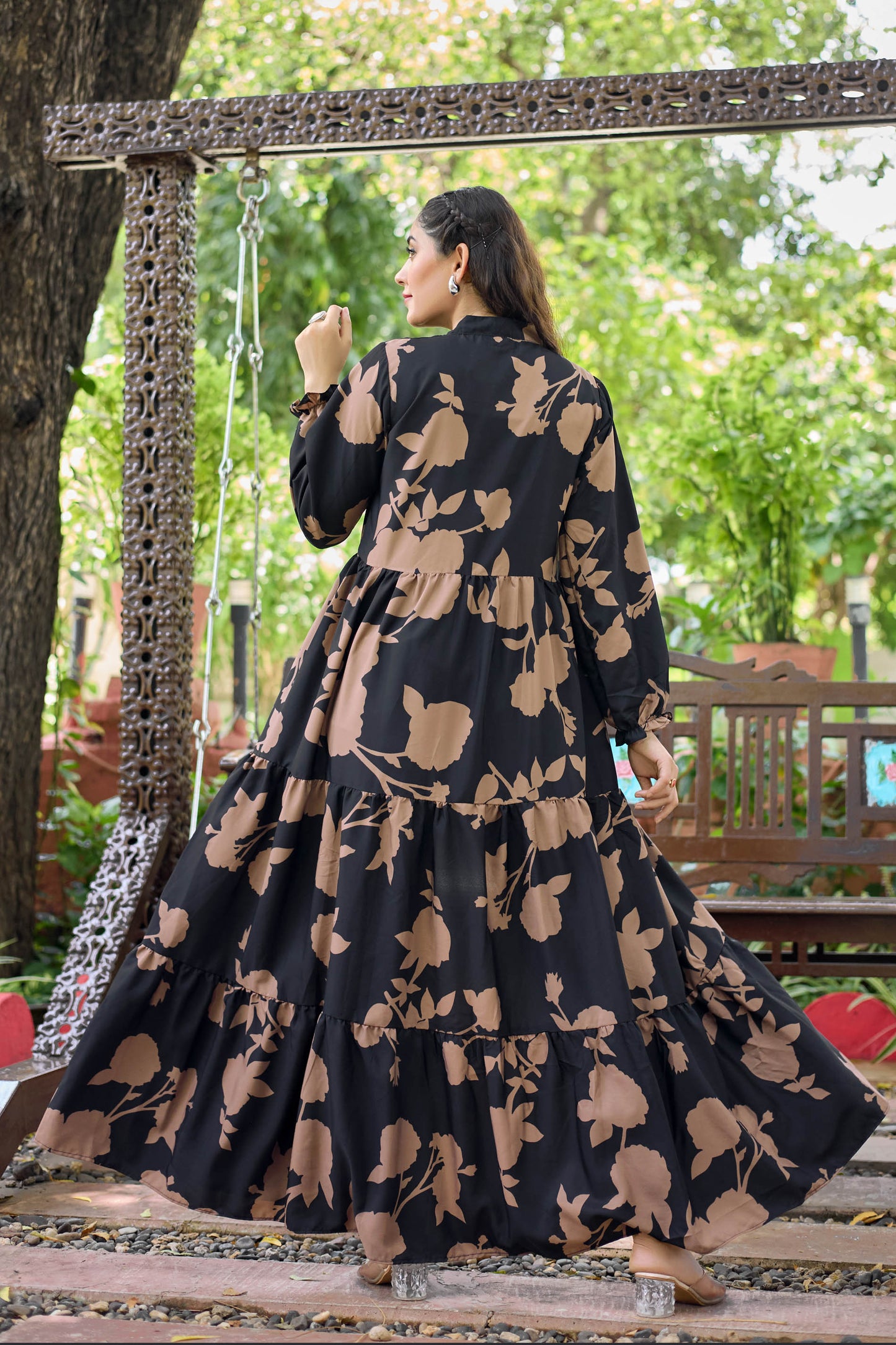 Black Floral Printed Long Maxi Dress for Women – Full Sleeve Stylish Ethnic Wear with Button Detail