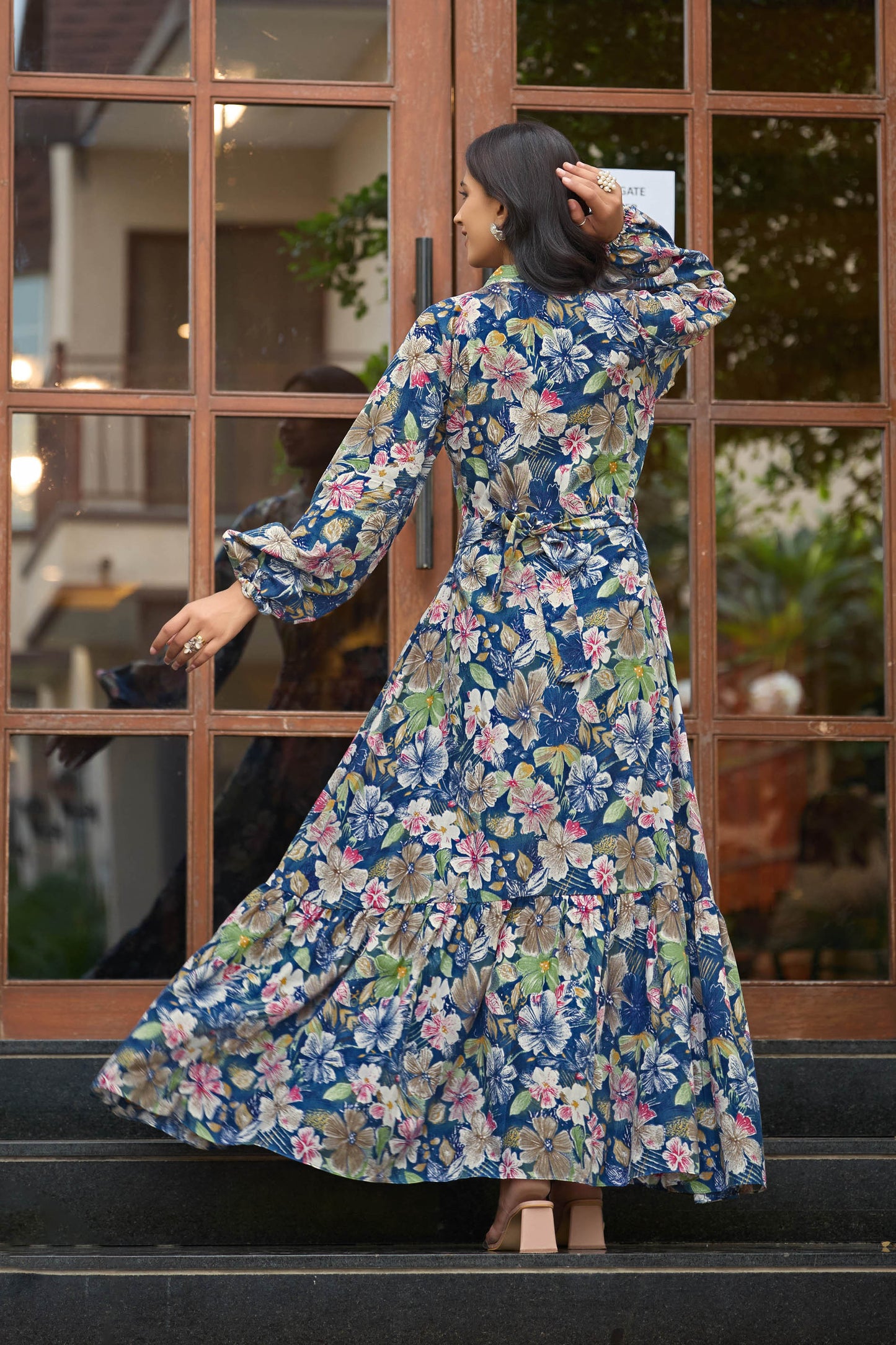 Women’s Floral Printed Maxi Dress | Long Sleeve Button Down Gown with Belt | Stylish Casual & Party Wear