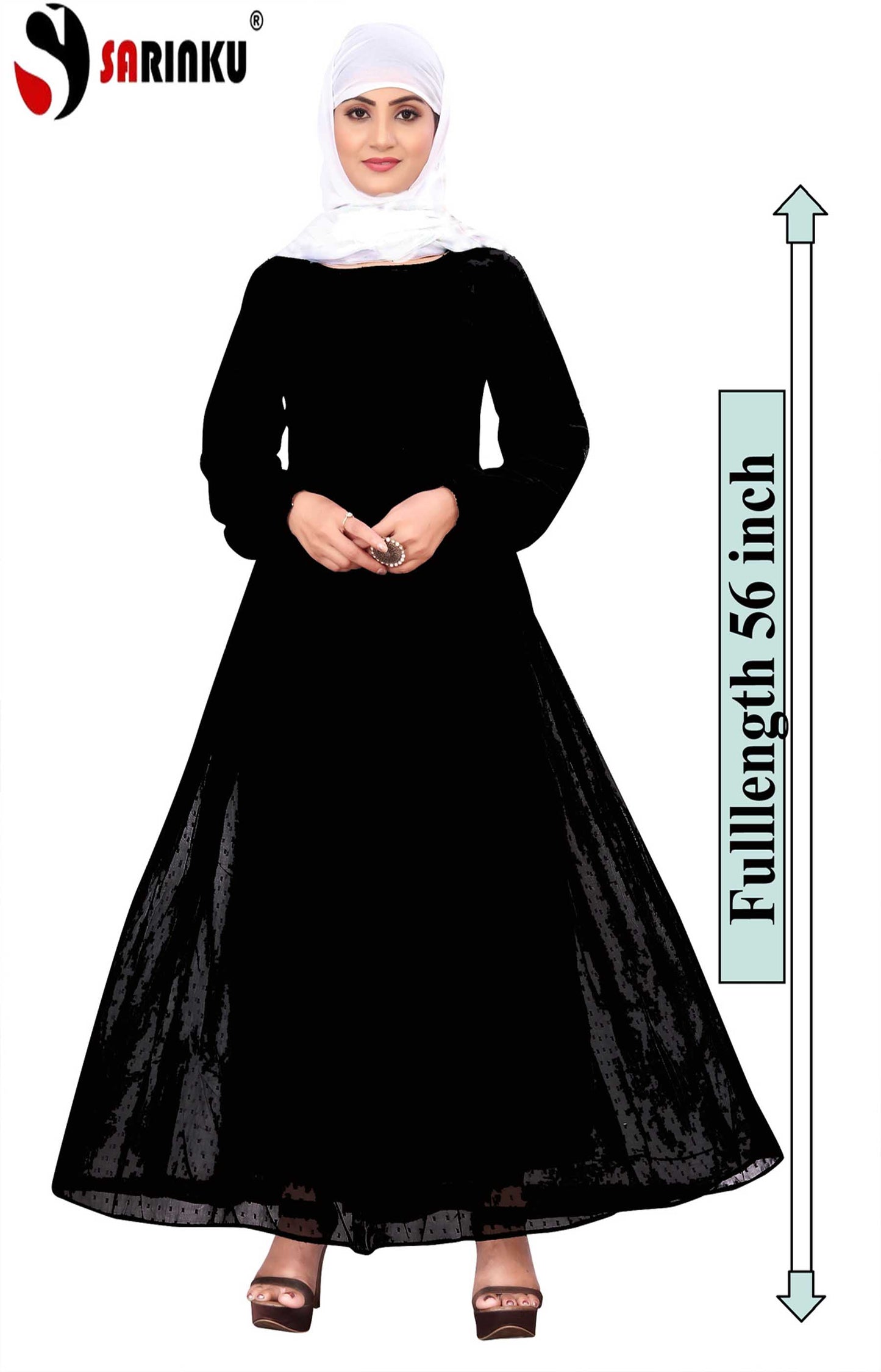 Women's Black Embellished Georgette Full-Length Maxi Dress with Long Sleeves