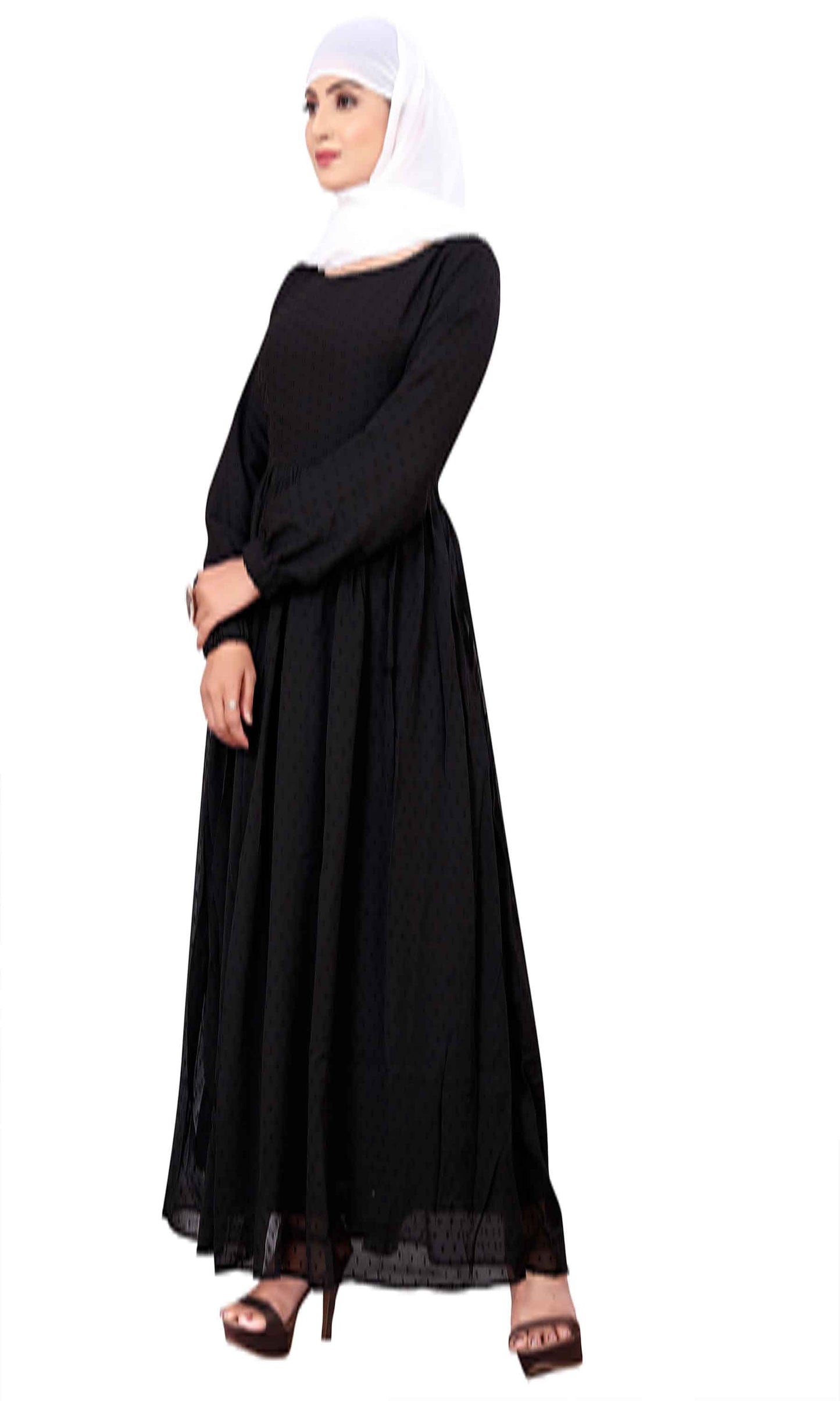Women's Black Embellished Georgette Full-Length Maxi Dress with Long Sleeves
