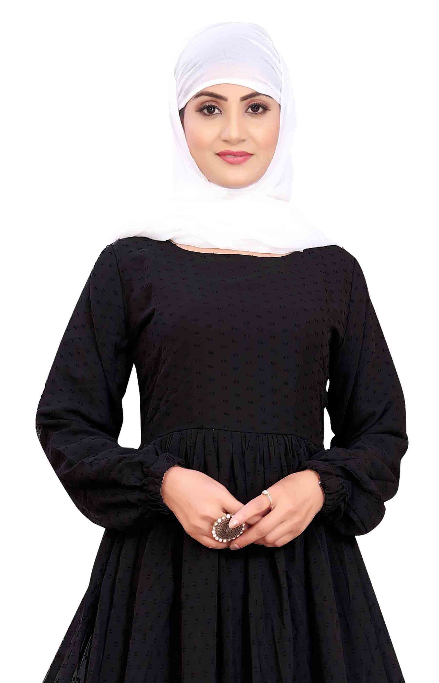 Women's Black Embellished Georgette Full-Length Maxi Dress with Long Sleeves