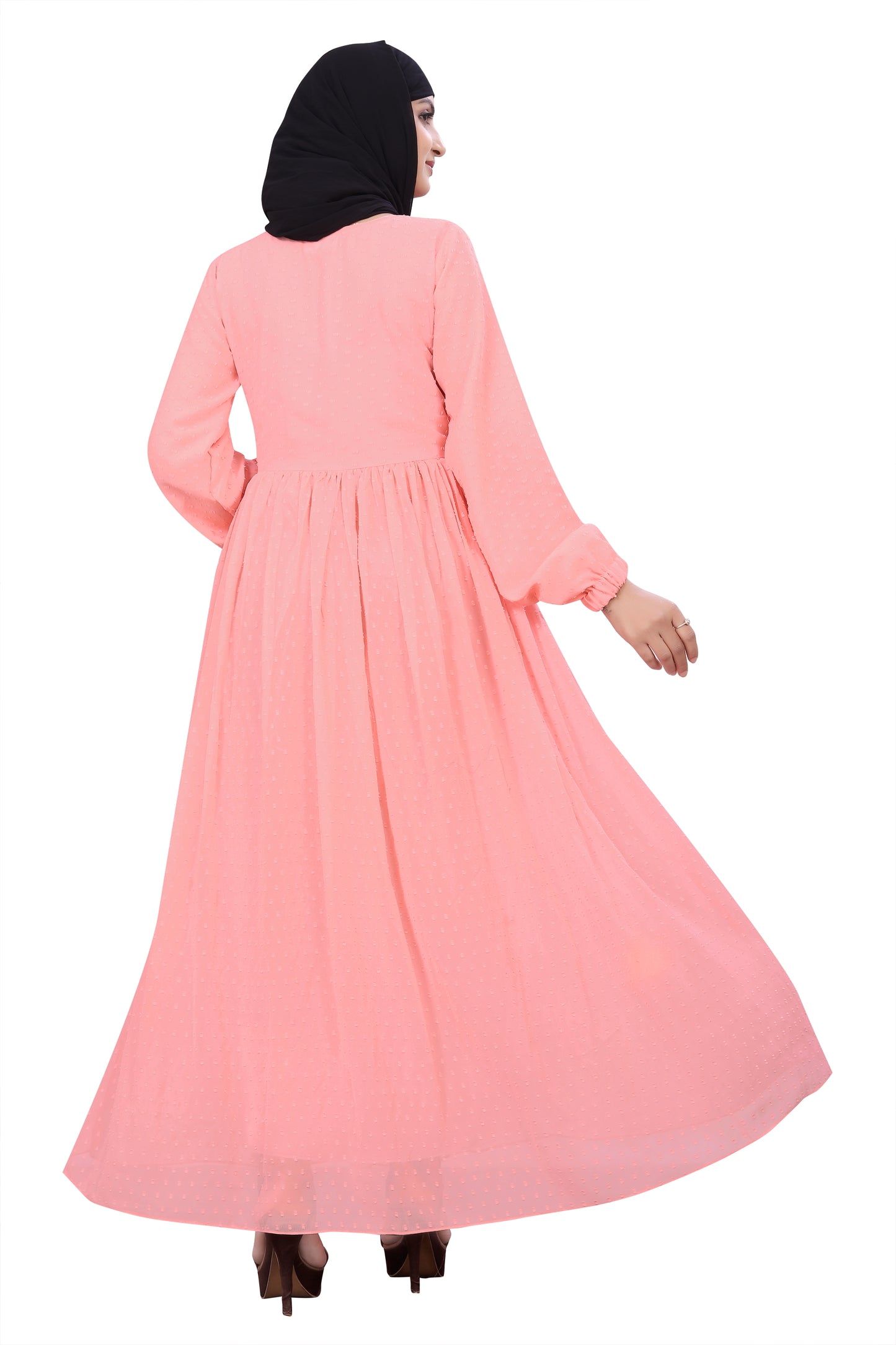 Women's Pink Embellished Georgette Maxi Dress with Full Sleeves