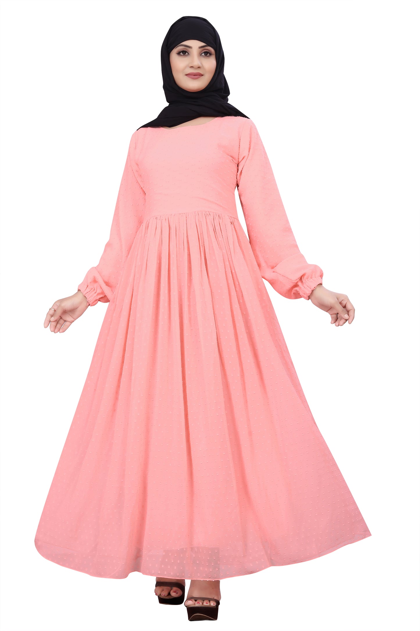 Women's Pink Embellished Georgette Maxi Dress with Full Sleeves
