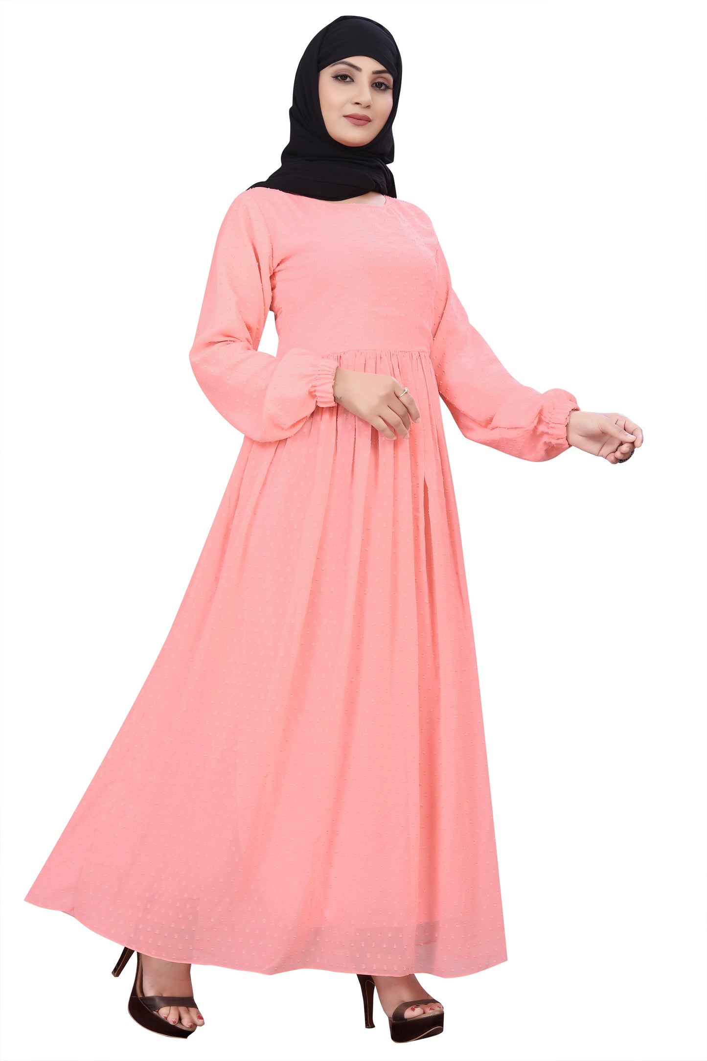 Women's Pink Embellished Georgette Maxi Dress with Full Sleeves