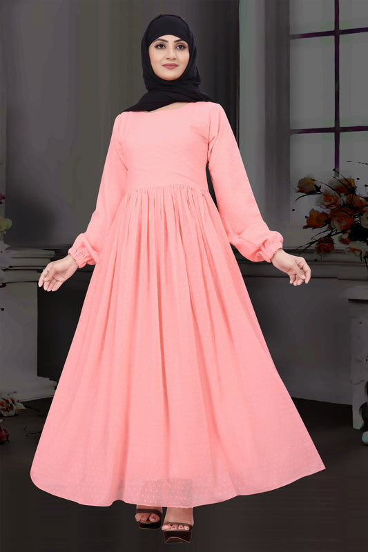 Women's Pink Embellished Georgette Maxi Dress with Full Sleeves