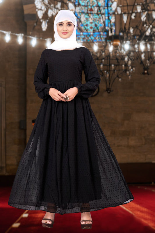 Women's Black Embellished Georgette Full-Length Maxi Dress with Long Sleeves & Elegant Flow
