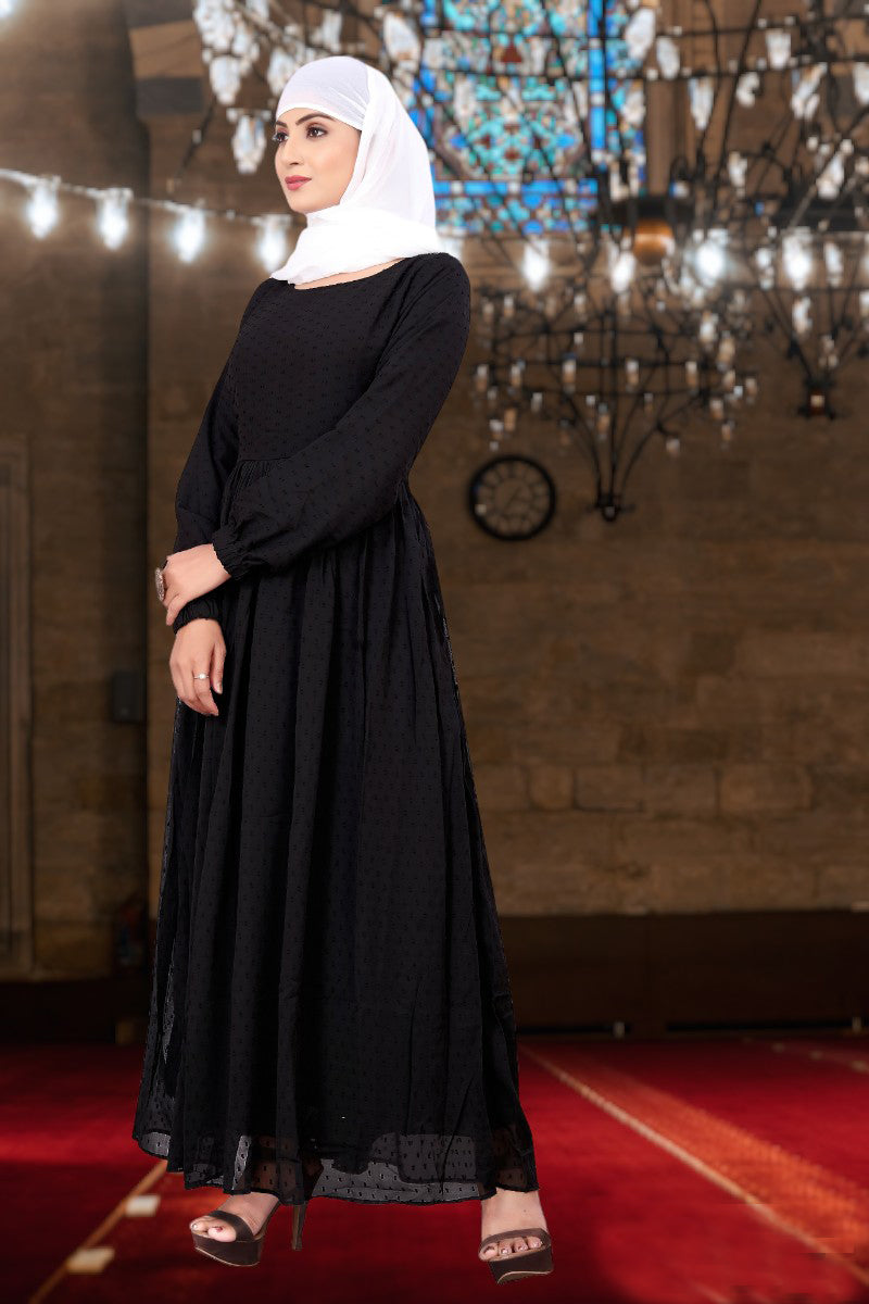 Women's Black Embellished Georgette Full-Length Maxi Dress with Long Sleeves & Elegant Flow