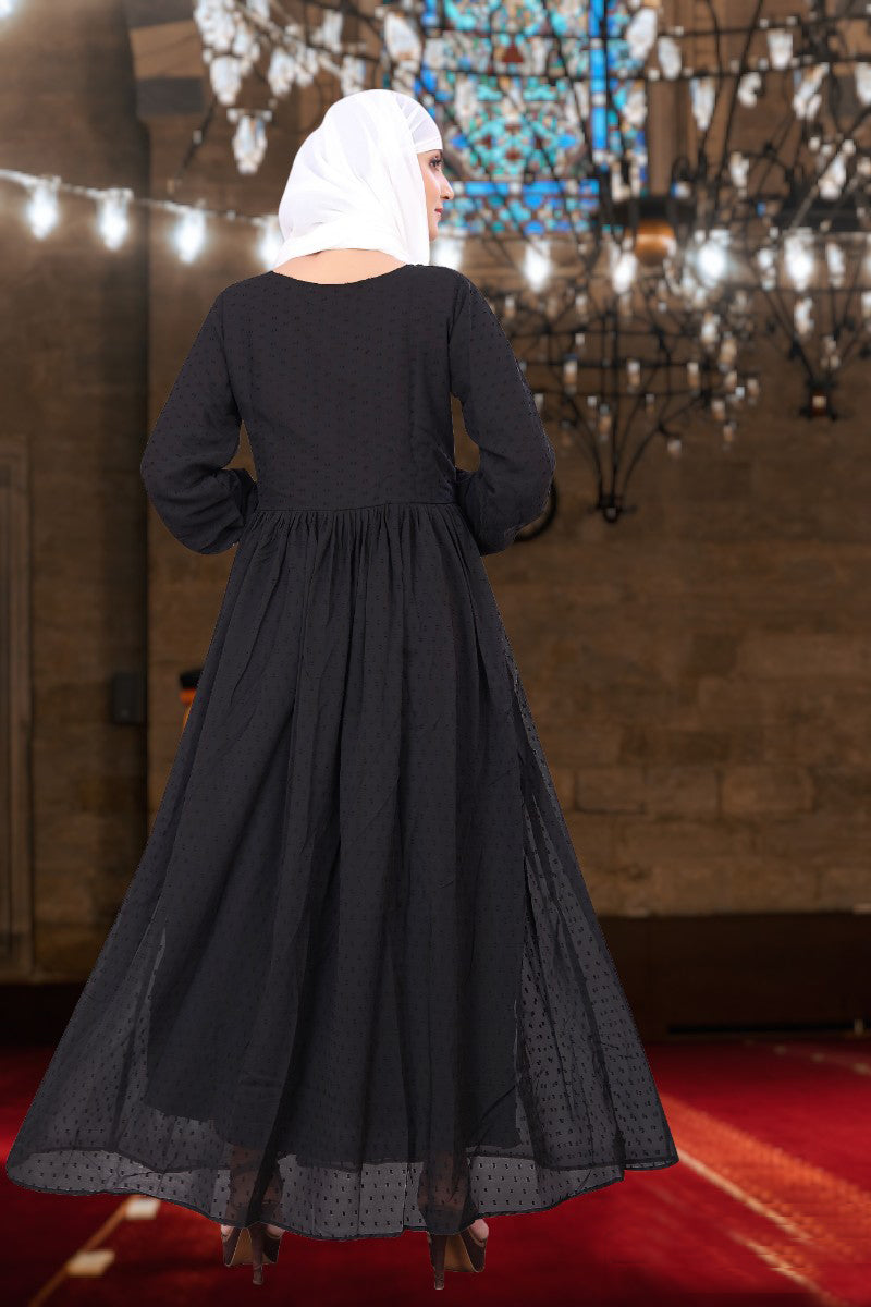 Women's Black Embellished Georgette Full-Length Maxi Dress with Long Sleeves & Elegant Flow