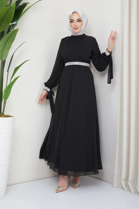 FANCY ABAYA BLACK COLAR GEORGETTE ABAYA WITH DIAMOND WORK BELT AND SLEEVE DIAMOND