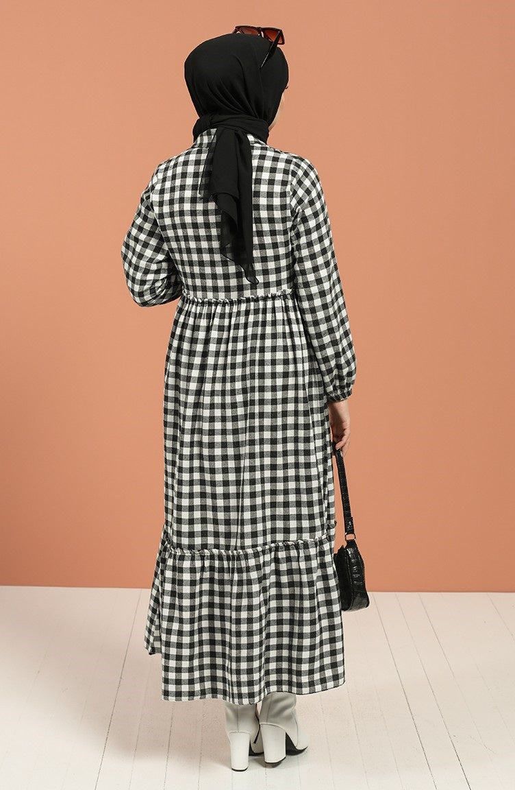 Black & White Checkered Maxi Dress for Women - 56 Inch Long, Casual & Modest Style