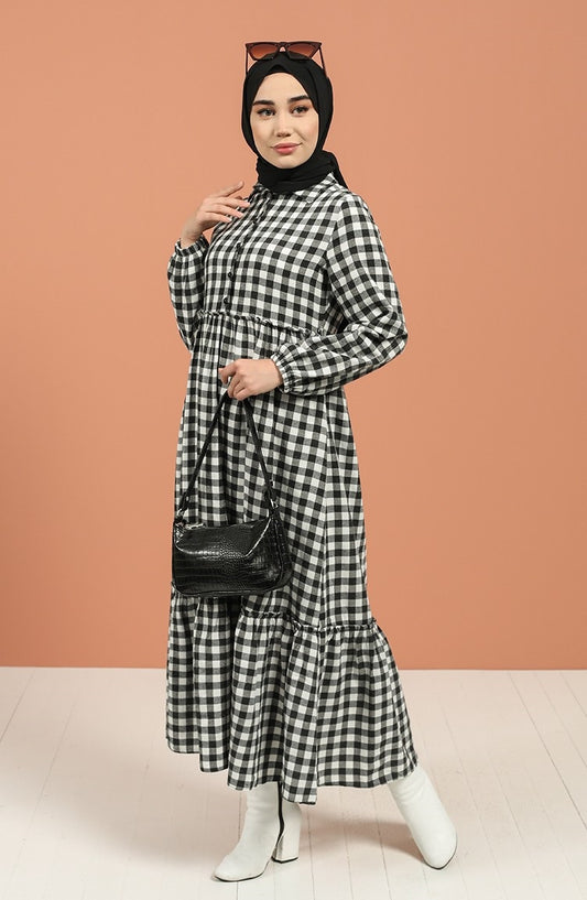 Black & White Checkered Maxi Dress for Women - 56 Inch Long, Casual & Modest Style