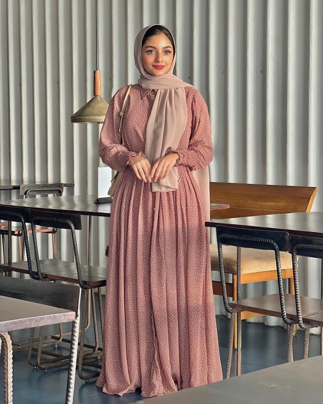 Women's Rust Red Polka Dot Long Maxi Dress with Buttoned & Full Sleeves