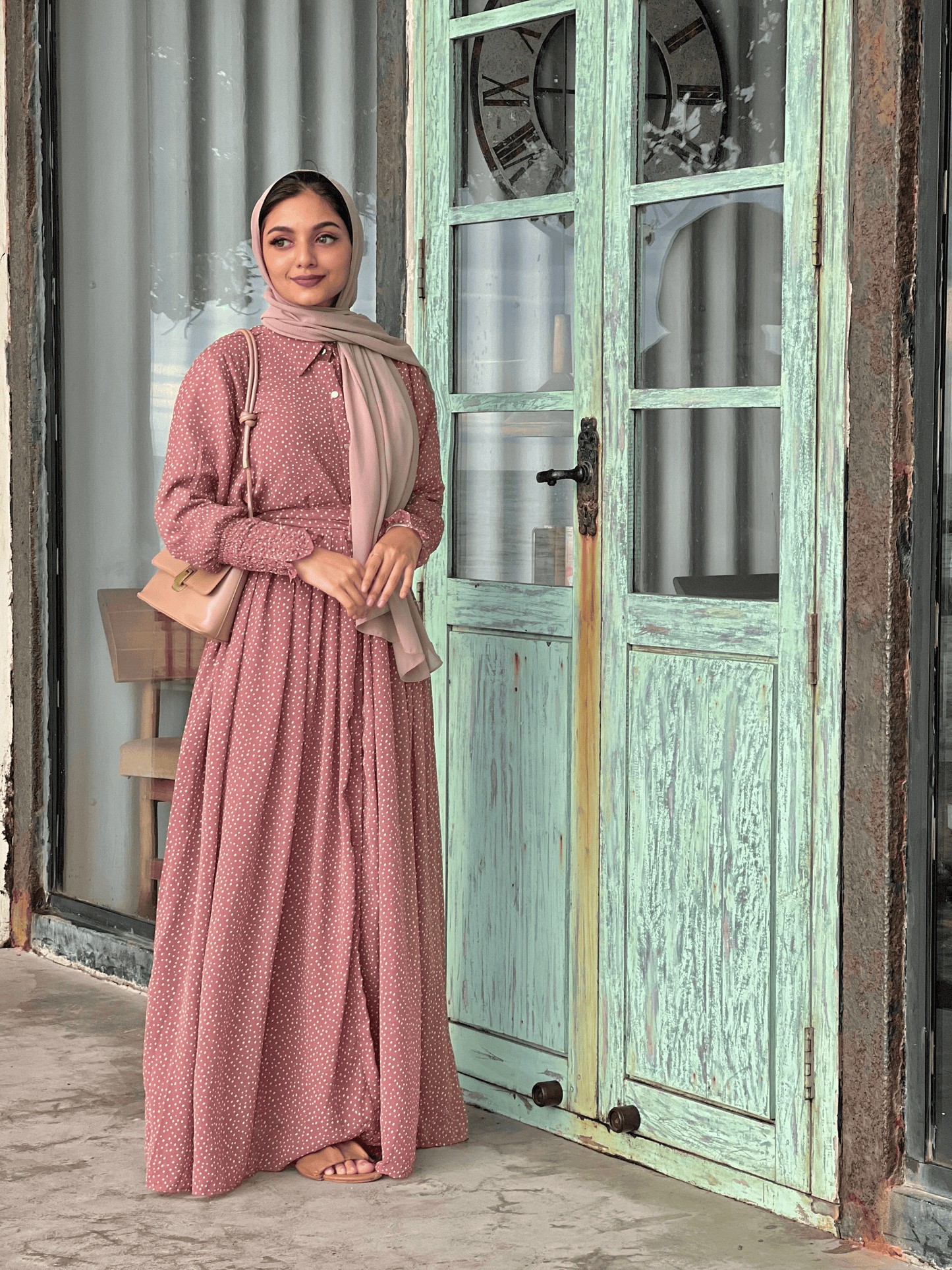 Women's Rust Red Polka Dot Long Maxi Dress with Buttoned & Full Sleeves