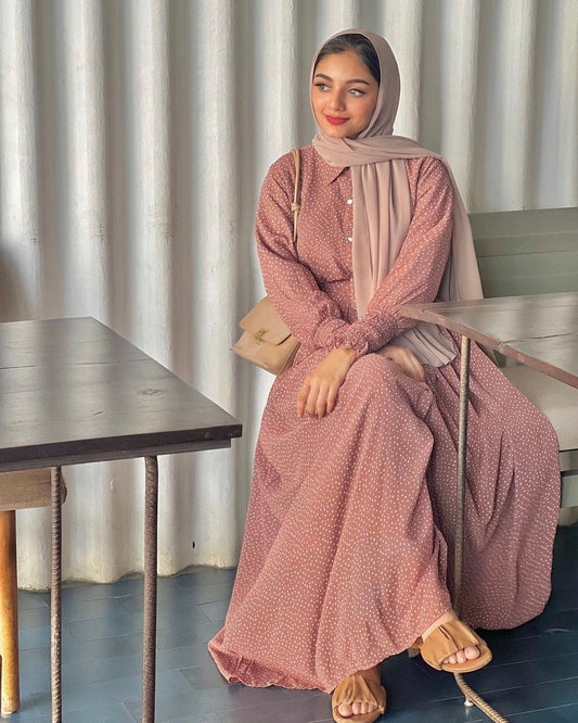 Women's Rust Red Polka Dot Long Maxi Dress with Buttoned & Full Sleeves