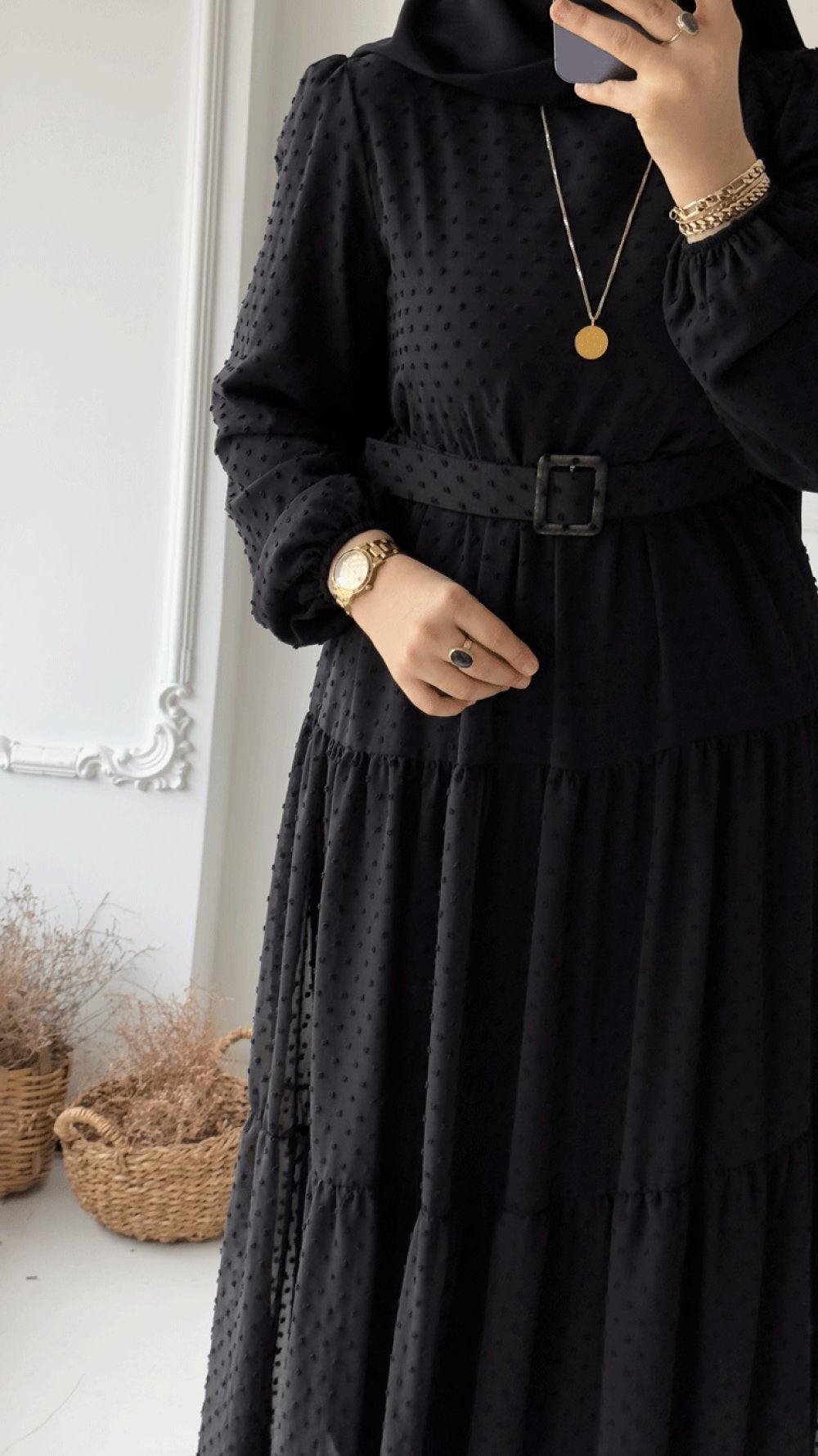 Women's Black Full-Length Maxi Dress with Belt & Puff Sleeves