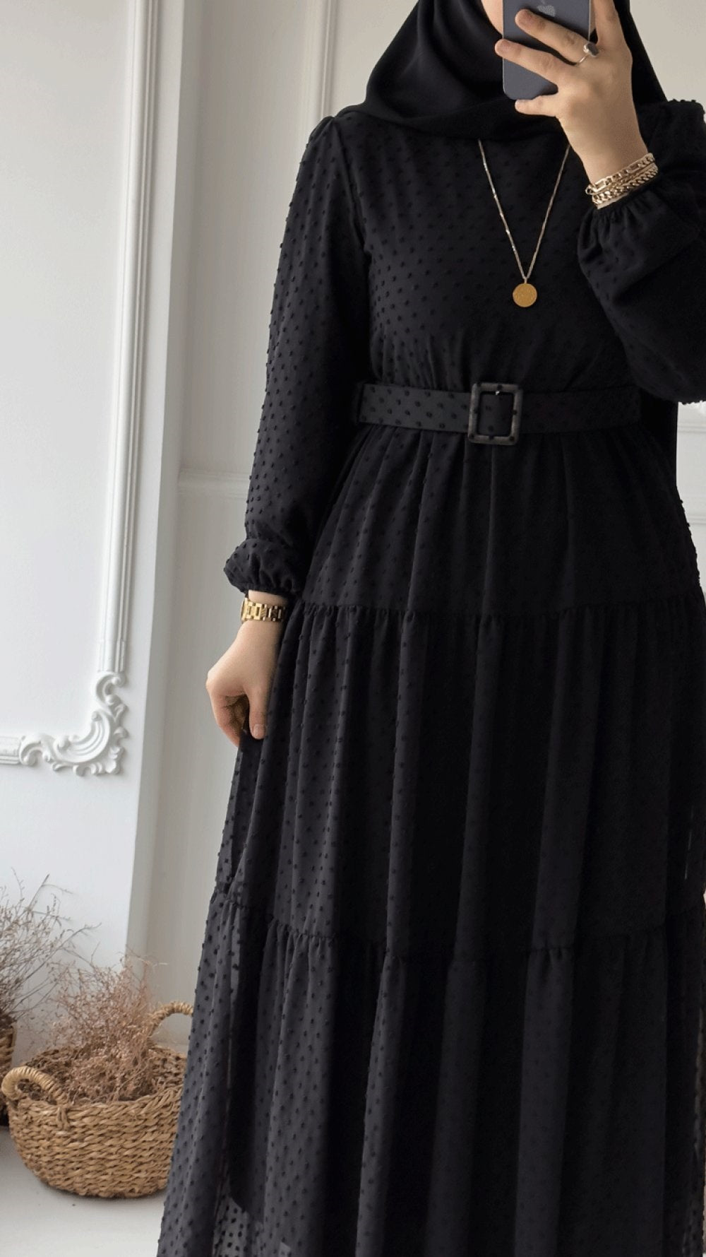 Women's Black Full-Length Maxi Dress with Belt & Puff Sleeves