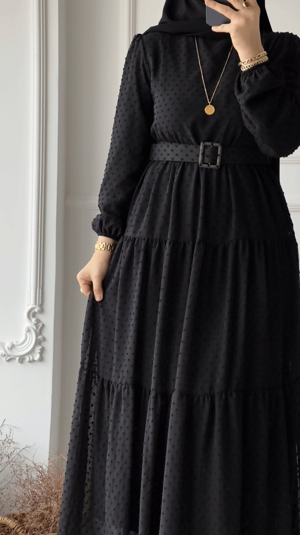 Women's Black Full-Length Maxi Dress with Belt & Puff Sleeves