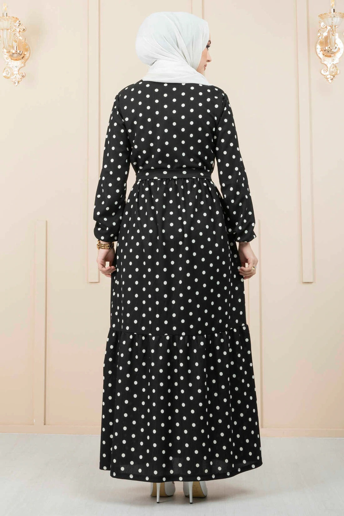 Women's Black & White Polka Dot Crepe Maxi Dress with Belted Waist and Full Sleeves – 56 Inch Length
